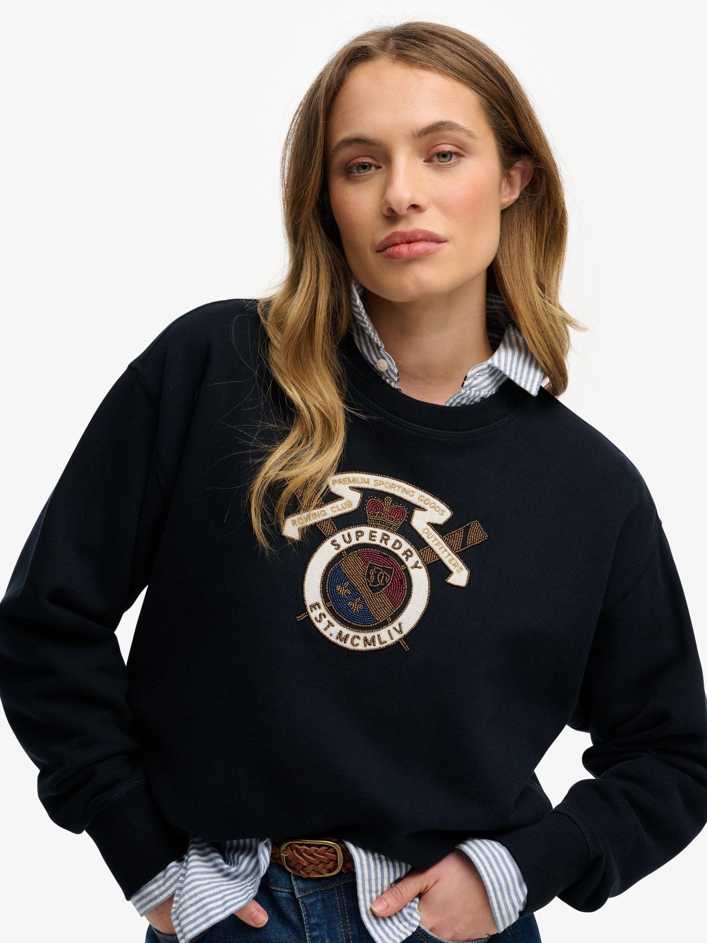 Product image 1 of 5, which shows Superdry Crest Loose Crew Sweatshirt, Eclipse Navy, 6