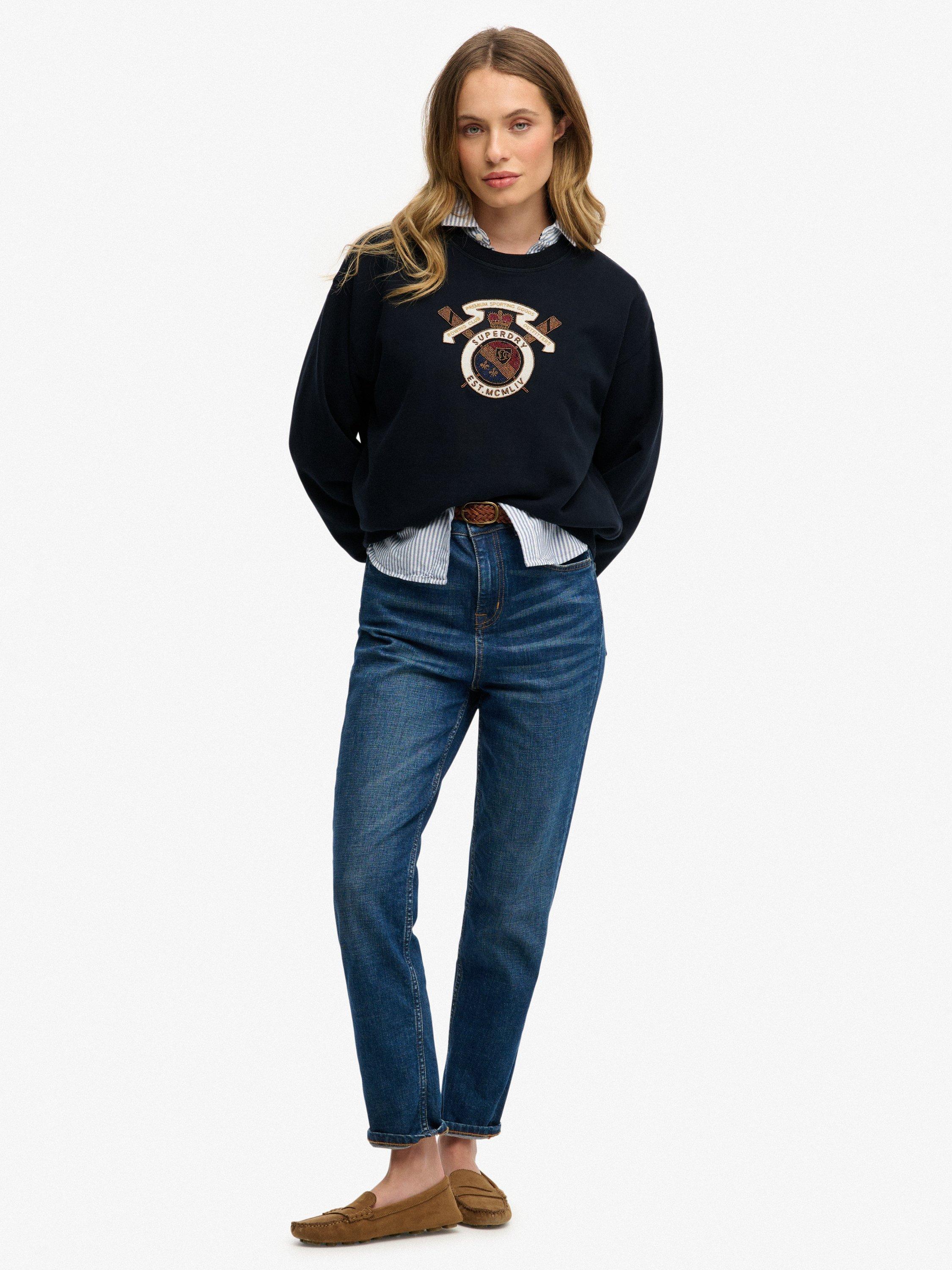 Product image 3 of 5, which shows Superdry Crest Loose Crew Sweatshirt, Eclipse Navy, 6