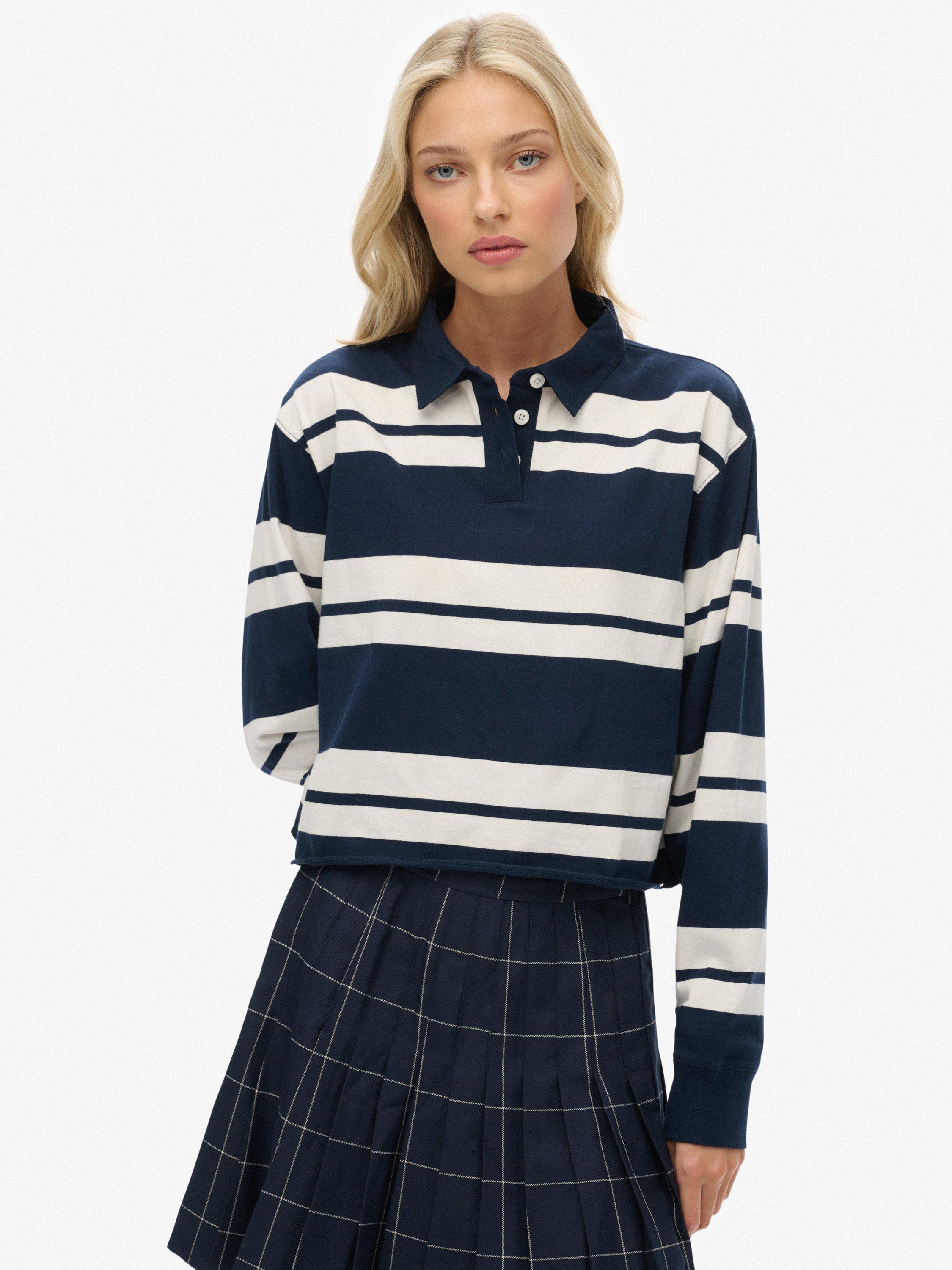Product image 1 of 5, which shows Superdry Athletic Essentials Cropped Stripe Rugby Top, Richest Navy/White, 14