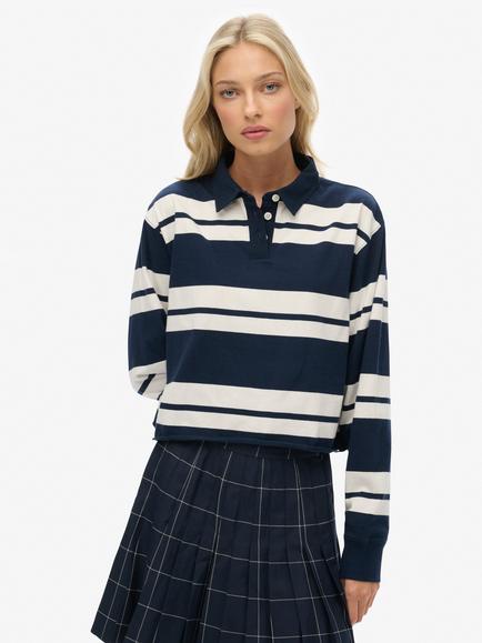 Superdry Athletic Essentials Cropped Stripe Rugby Top, Richest Navy/White