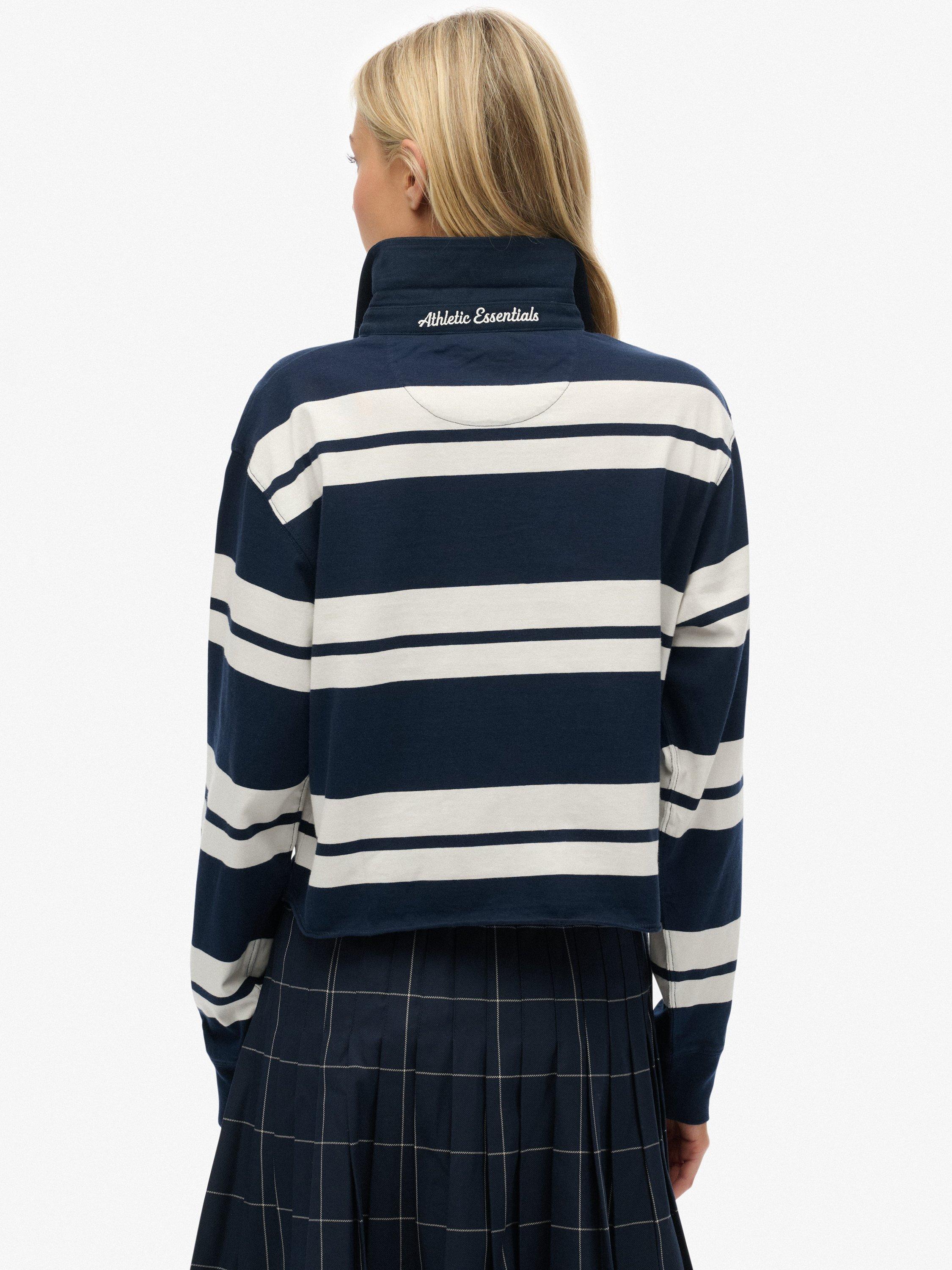 Product image 2 of 5, which shows Superdry Athletic Essentials Cropped Stripe Rugby Top, Richest Navy/White, 14