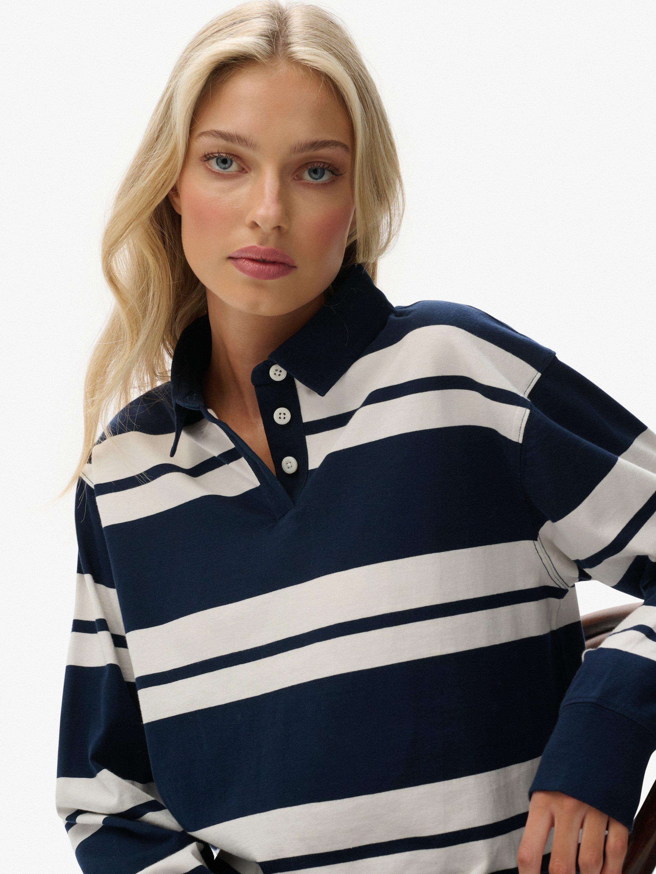Product image 4 of 5, which shows Superdry Athletic Essentials Cropped Stripe Rugby Top, Richest Navy/White, 14