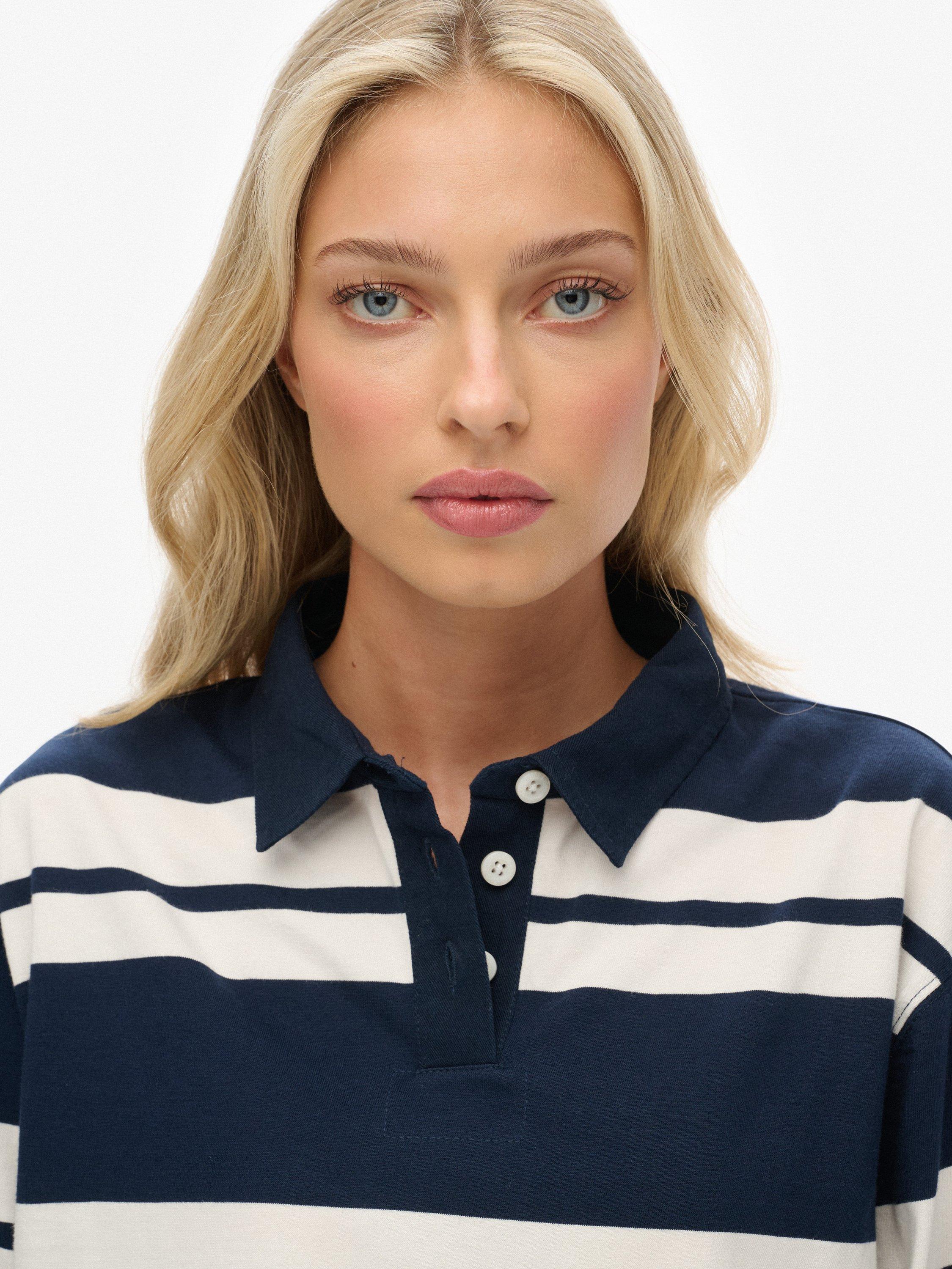 Product image 5 of 5, which shows Superdry Athletic Essentials Cropped Stripe Rugby Top, Richest Navy/White, 14