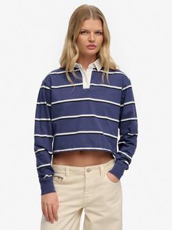 Superdry Athletic Essentials Cropped Stripe Rugby Top, Navy/ Ecru Stripe, Navy/ Ecru Stripe