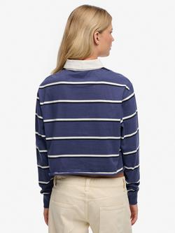 Superdry Athletic Essentials Cropped Stripe Rugby Top, Navy/ Ecru Stripe - view 2, Navy/ Ecru Stripe