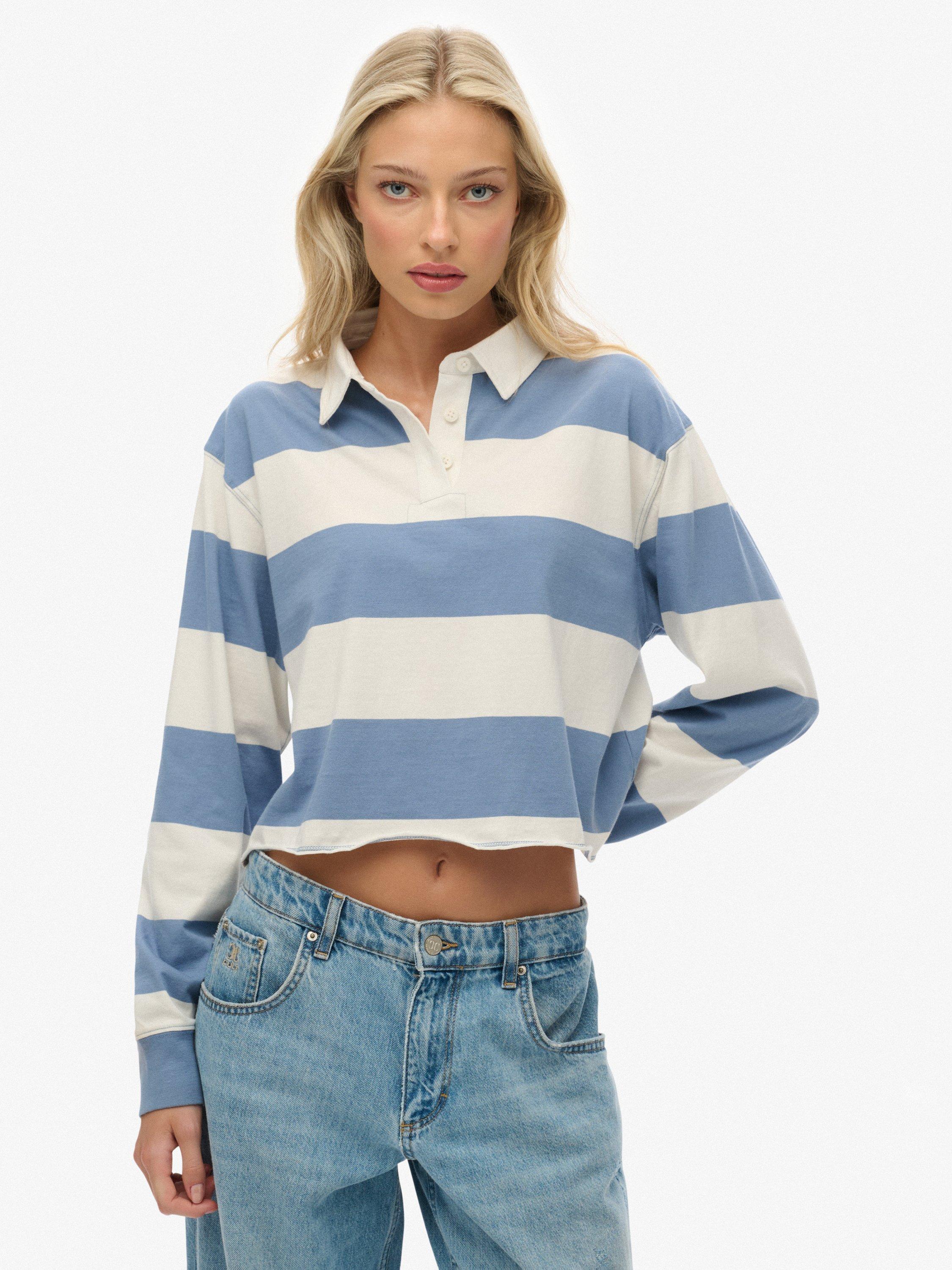 Product image 1 of 5, which shows Superdry Athletic Essentials Cropped Stripe Rugby Top, Tidal Blue/Ecru, 6