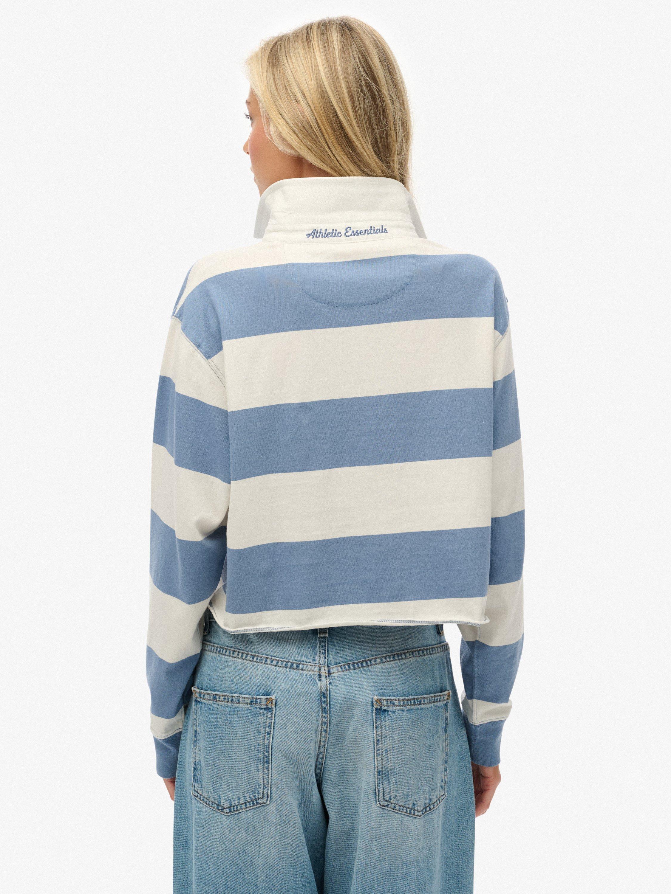 Product image 2 of 5, which shows Superdry Athletic Essentials Cropped Stripe Rugby Top, Tidal Blue/Ecru, 6
