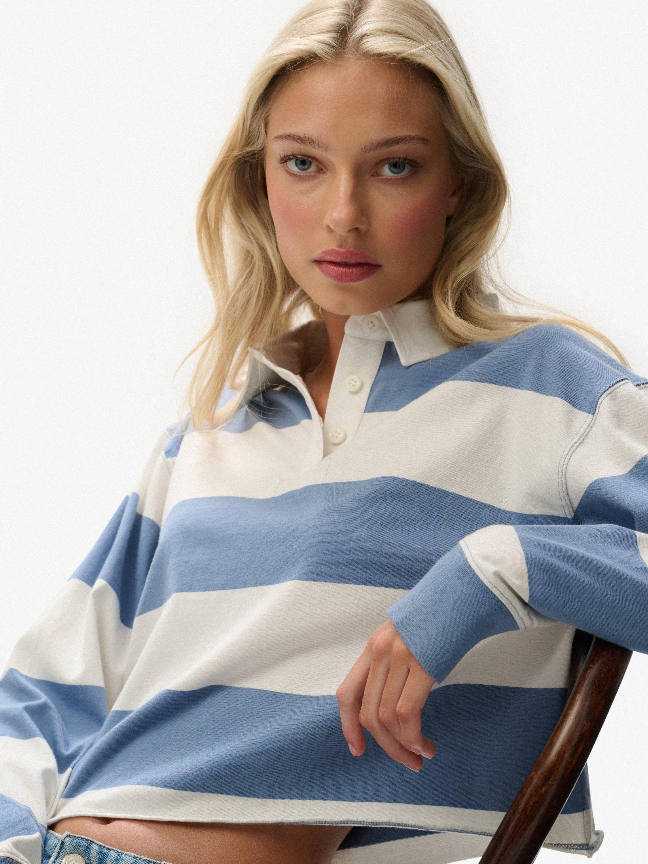 Product image 4 of 5, which shows Superdry Athletic Essentials Cropped Stripe Rugby Top, Tidal Blue/Ecru, 6