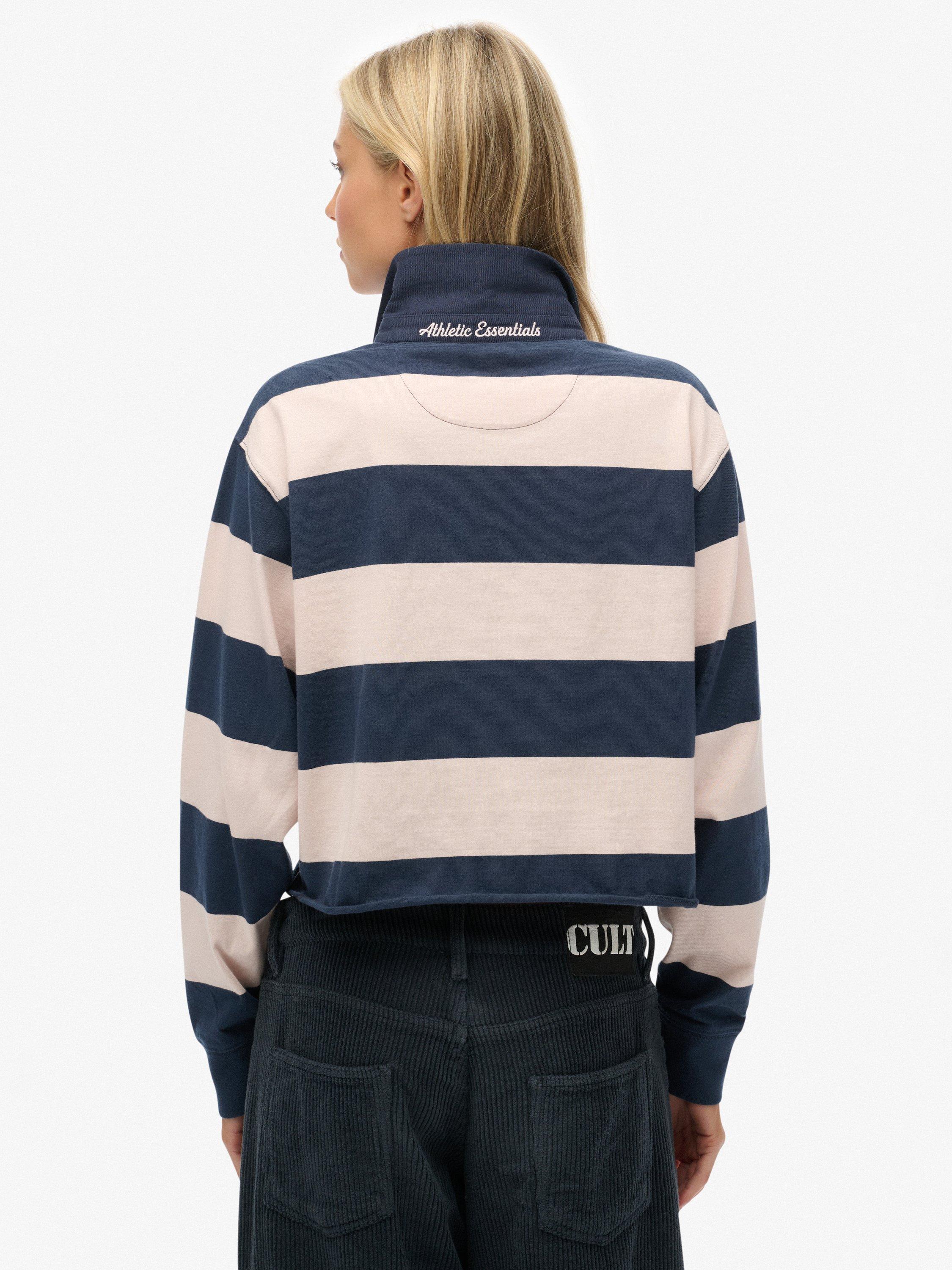 Product image 2 of 5, which shows Superdry Athletic Essentials Cropped Stripe Rugby Top, Navy/Pink, 6