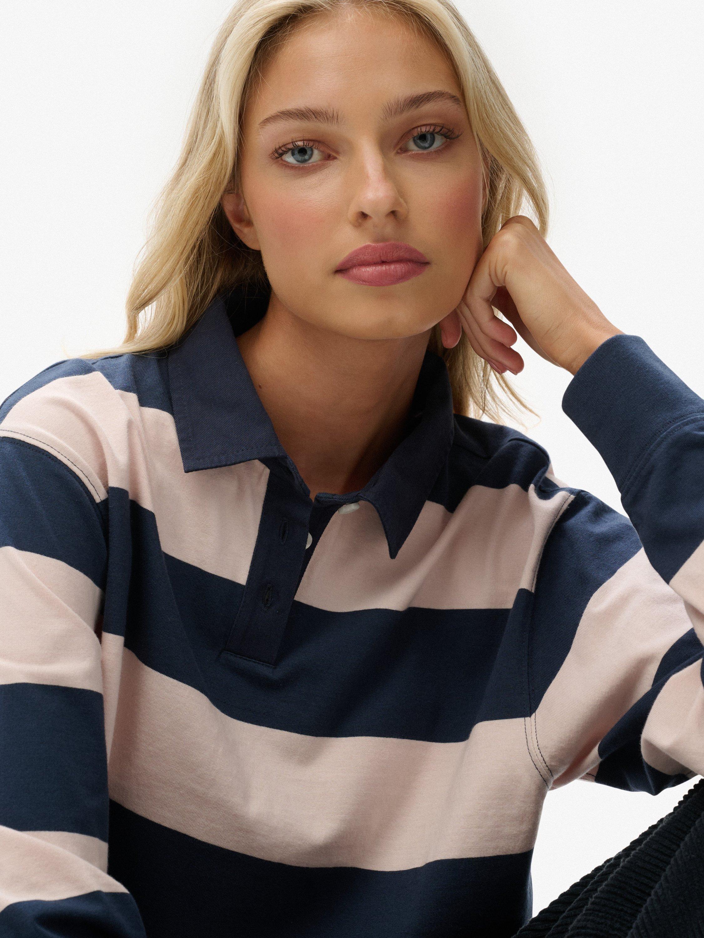 Product image 4 of 5, which shows Superdry Athletic Essentials Cropped Stripe Rugby Top, Navy/Pink, 6