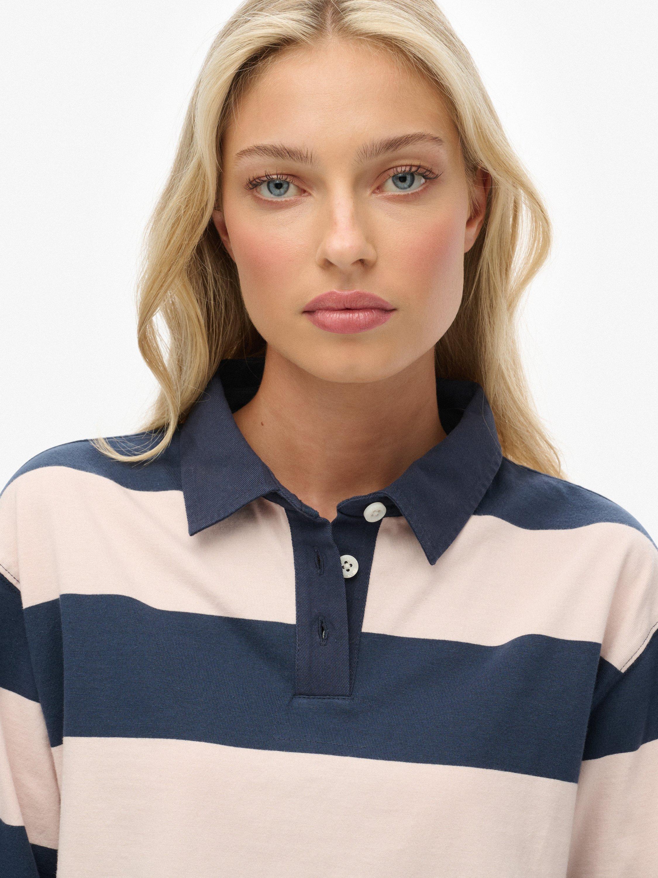 Product image 5 of 5, which shows Superdry Athletic Essentials Cropped Stripe Rugby Top, Navy/Pink, 6