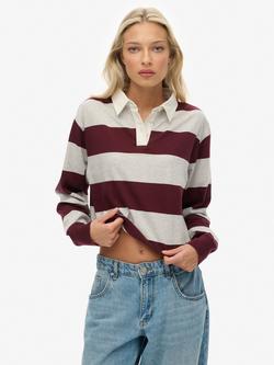 Superdry Athletic Essentials Cropped Stripe Rugby Top, Grey Marl/Port Red