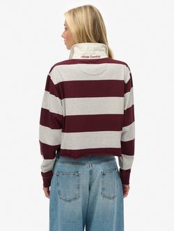 Superdry Athletic Essentials Cropped Stripe Rugby Top - view 2, Grey Marl/Port Red