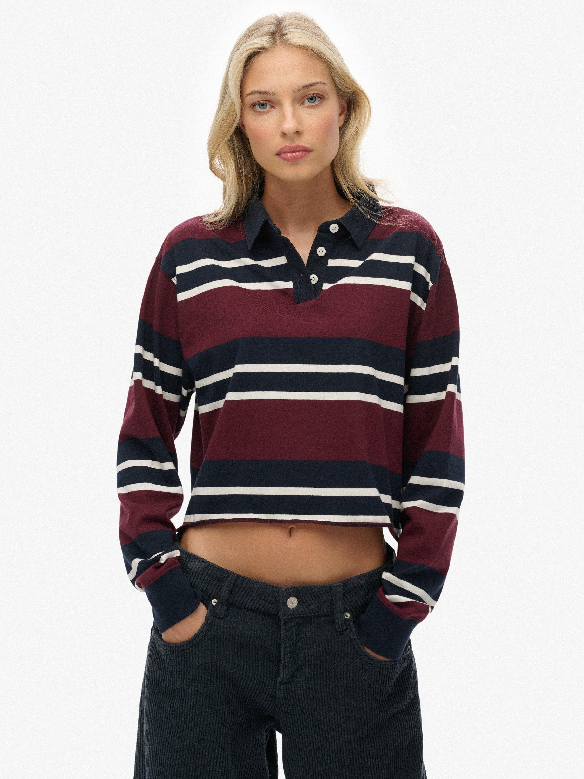 Product image 1 of 5, which shows Superdry Athletic Essentials Cropped Stripe Rugby Top, Port Red/Ecru, 6