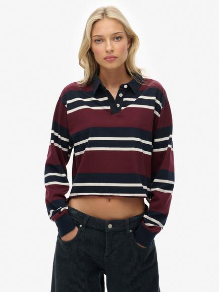 Superdry Athletic Essentials Cropped Stripe Rugby Top, Port Red/Ecru