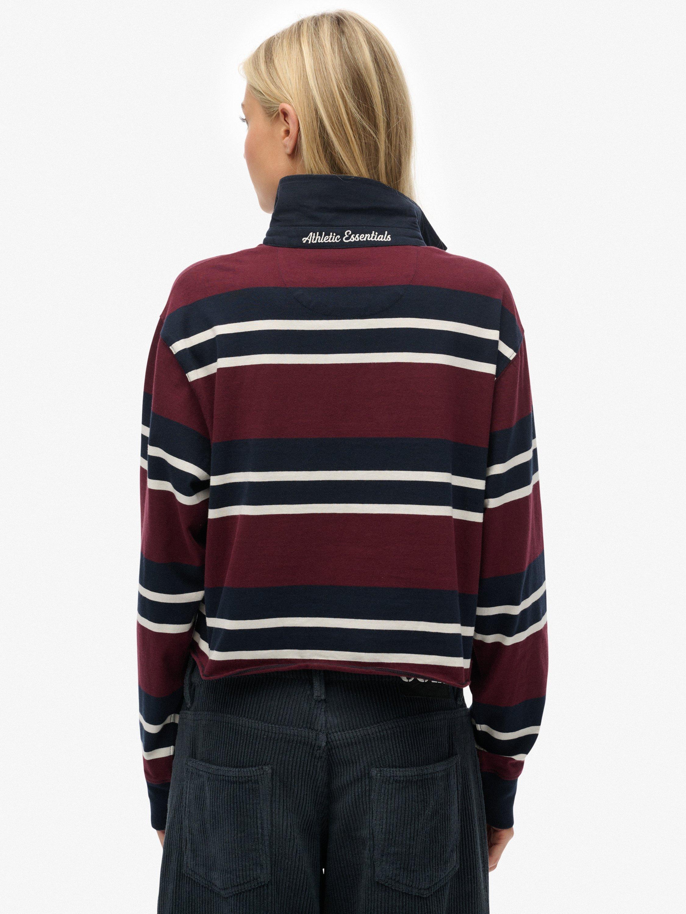 Product image 2 of 5, which shows Superdry Athletic Essentials Cropped Stripe Rugby Top, Port Red/Ecru, 6