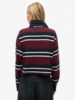 Superdry Athletic Essentials Cropped Stripe Rugby Top - view 2, Port Red/Ecru