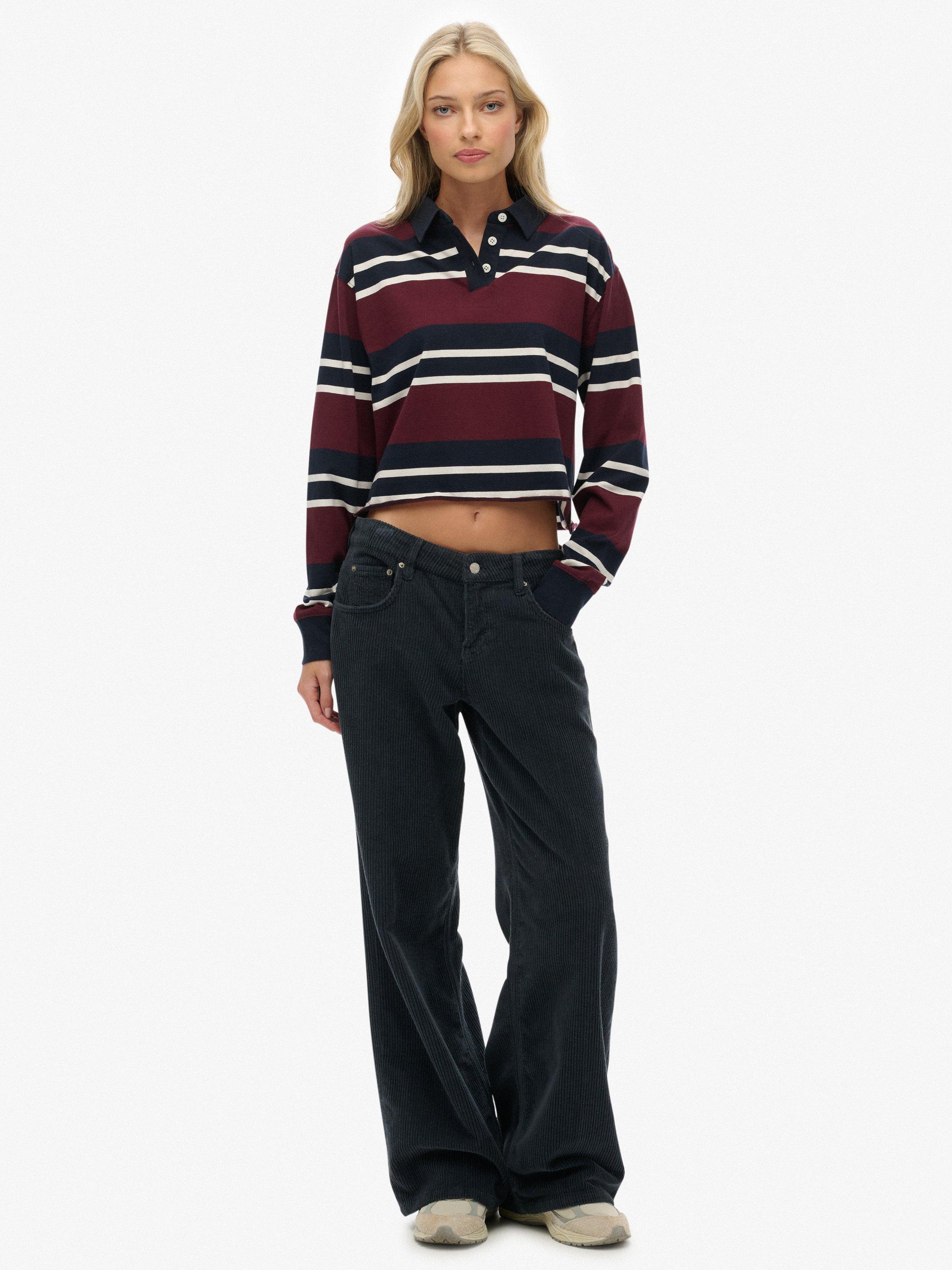 Product image 3 of 5, which shows Superdry Athletic Essentials Cropped Stripe Rugby Top, Port Red/Ecru, 6