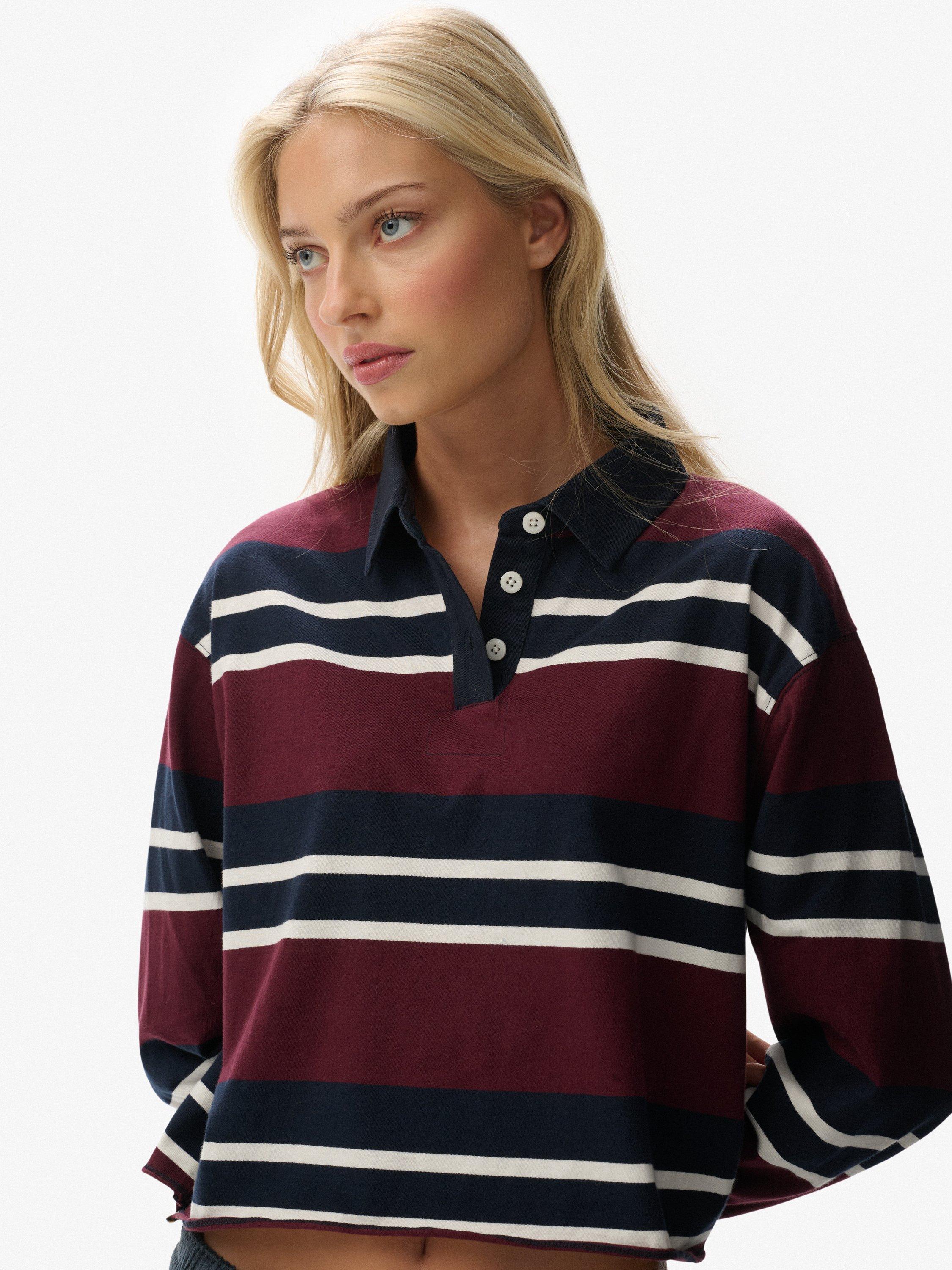 Product image 4 of 5, which shows Superdry Athletic Essentials Cropped Stripe Rugby Top, Port Red/Ecru, 6