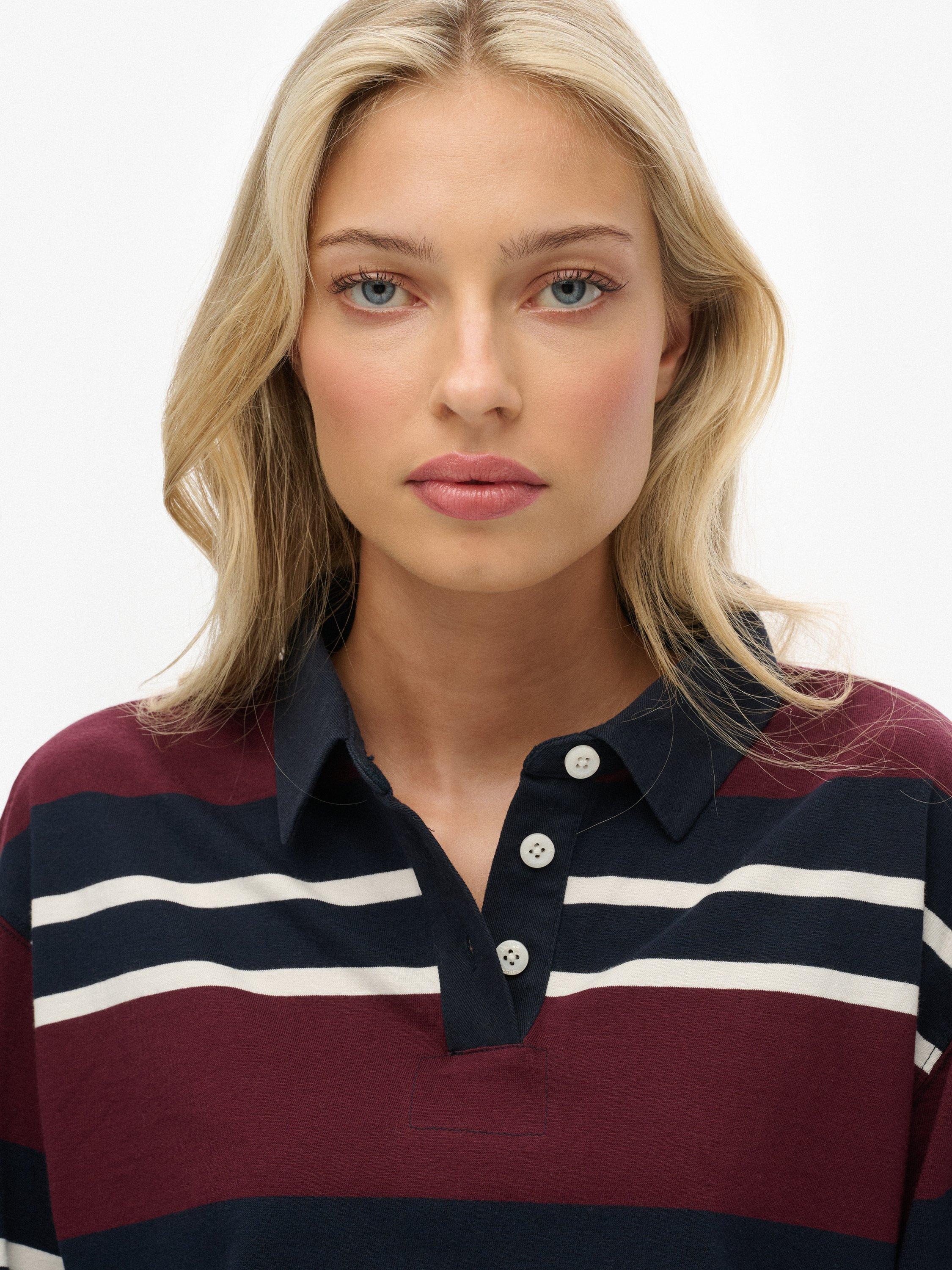 Product image 5 of 5, which shows Superdry Athletic Essentials Cropped Stripe Rugby Top, Port Red/Ecru, 6