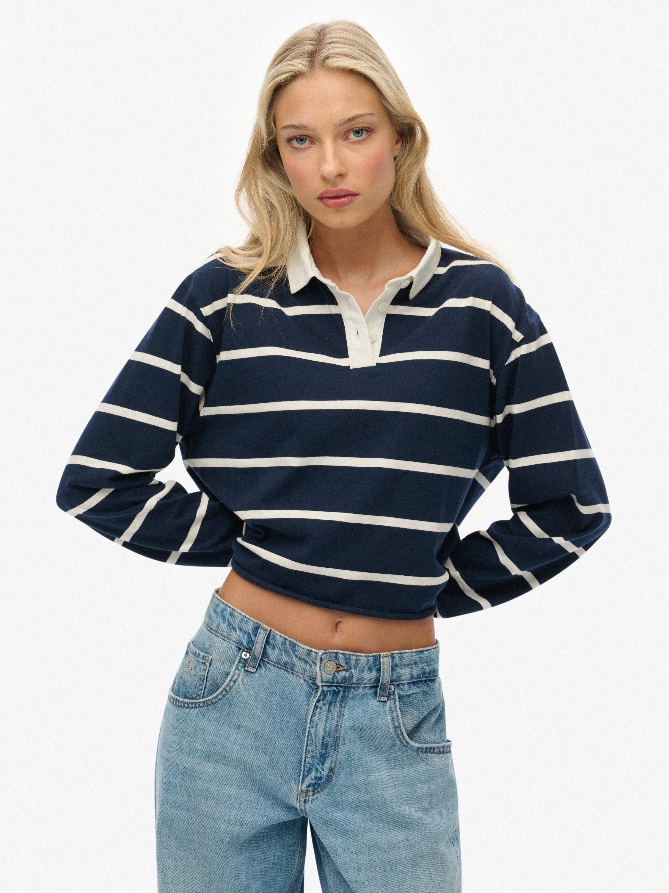 Product image 1 of 5, which shows Superdry Athletic Essentials Cropped Stripe Rugby Top, Navy/Ecru, 6