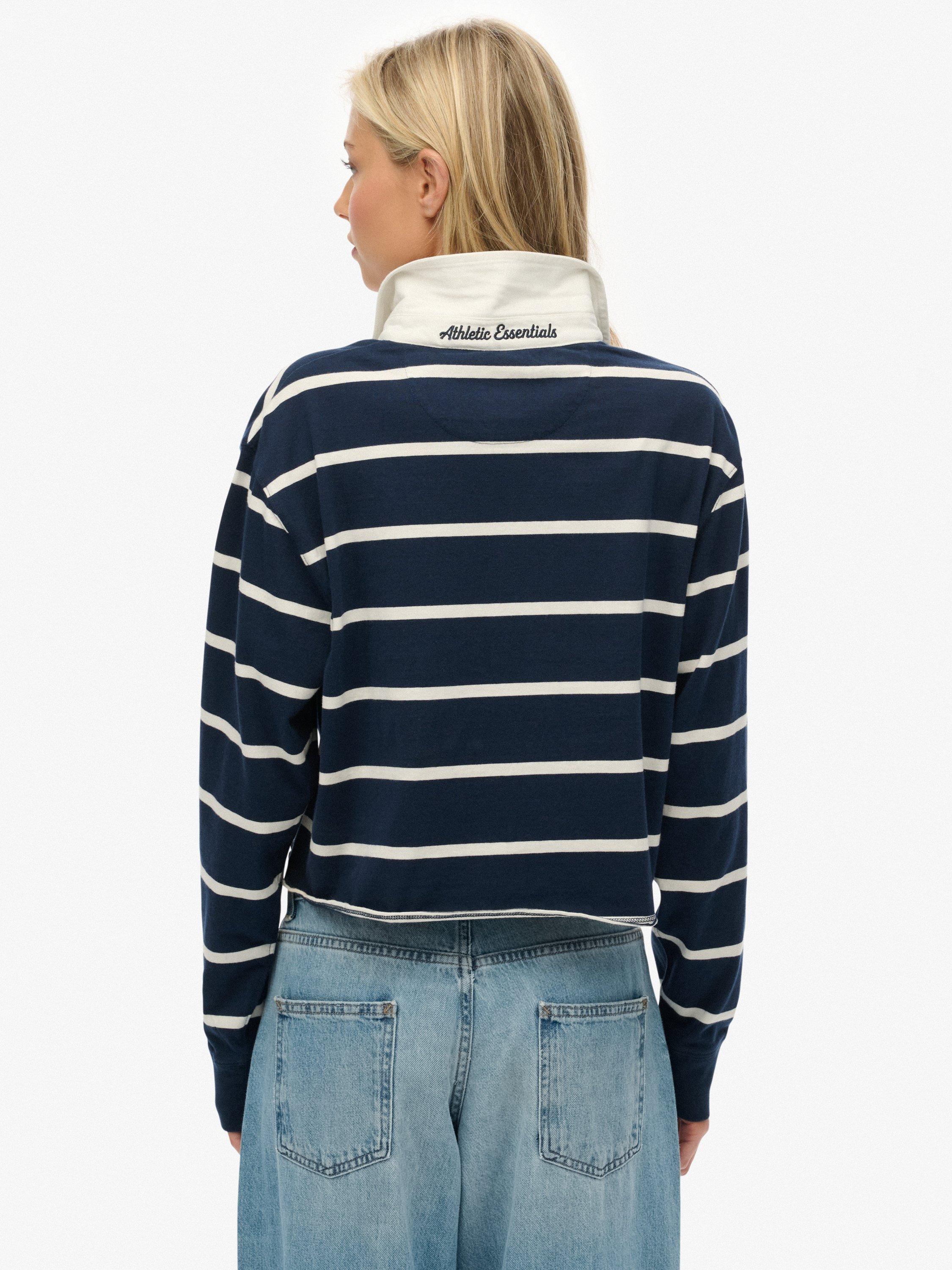 Product image 2 of 5, which shows Superdry Athletic Essentials Cropped Stripe Rugby Top, Navy/Ecru, 6