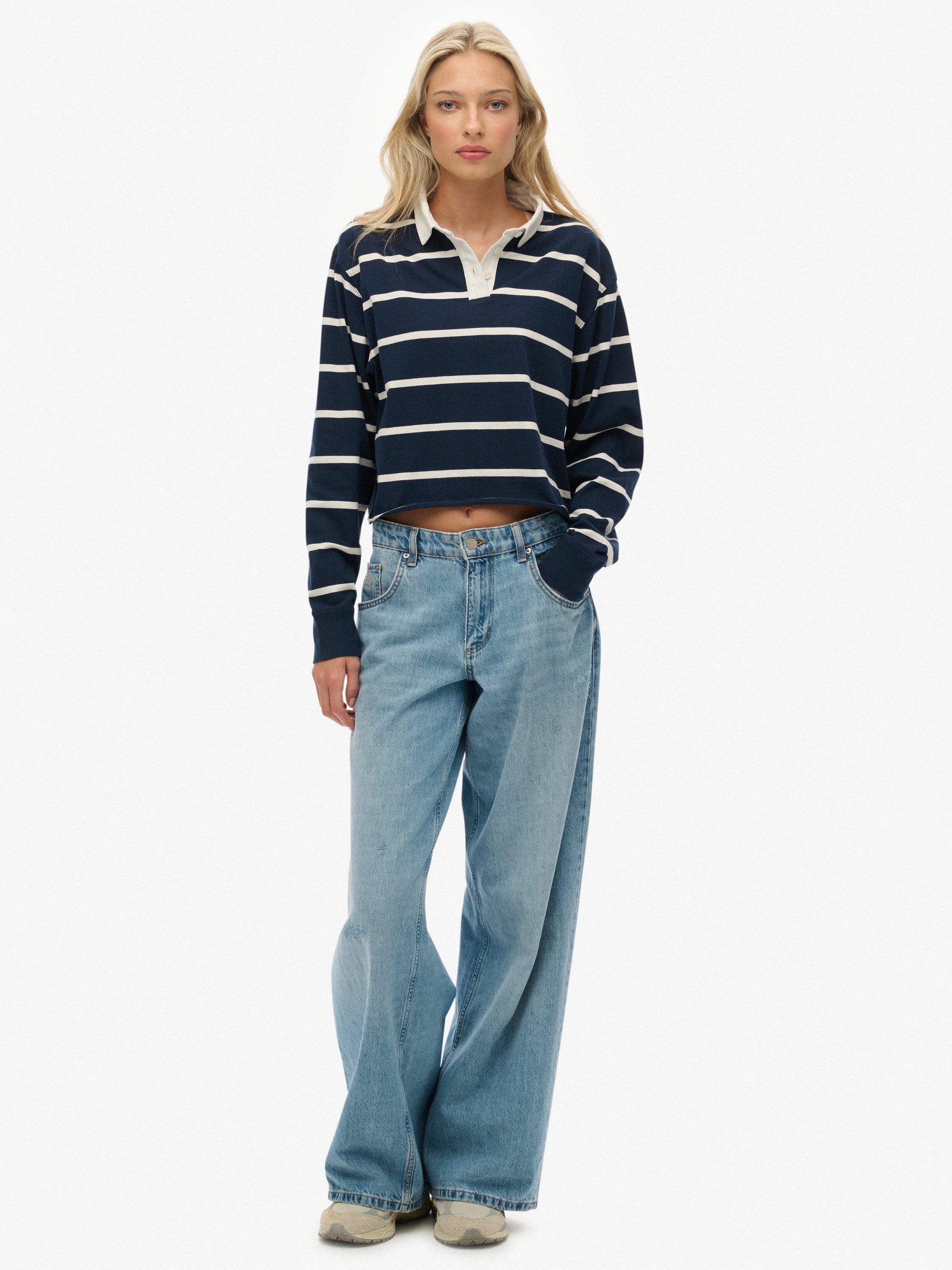 Product image 3 of 5, which shows Superdry Athletic Essentials Cropped Stripe Rugby Top, Navy/Ecru, 6