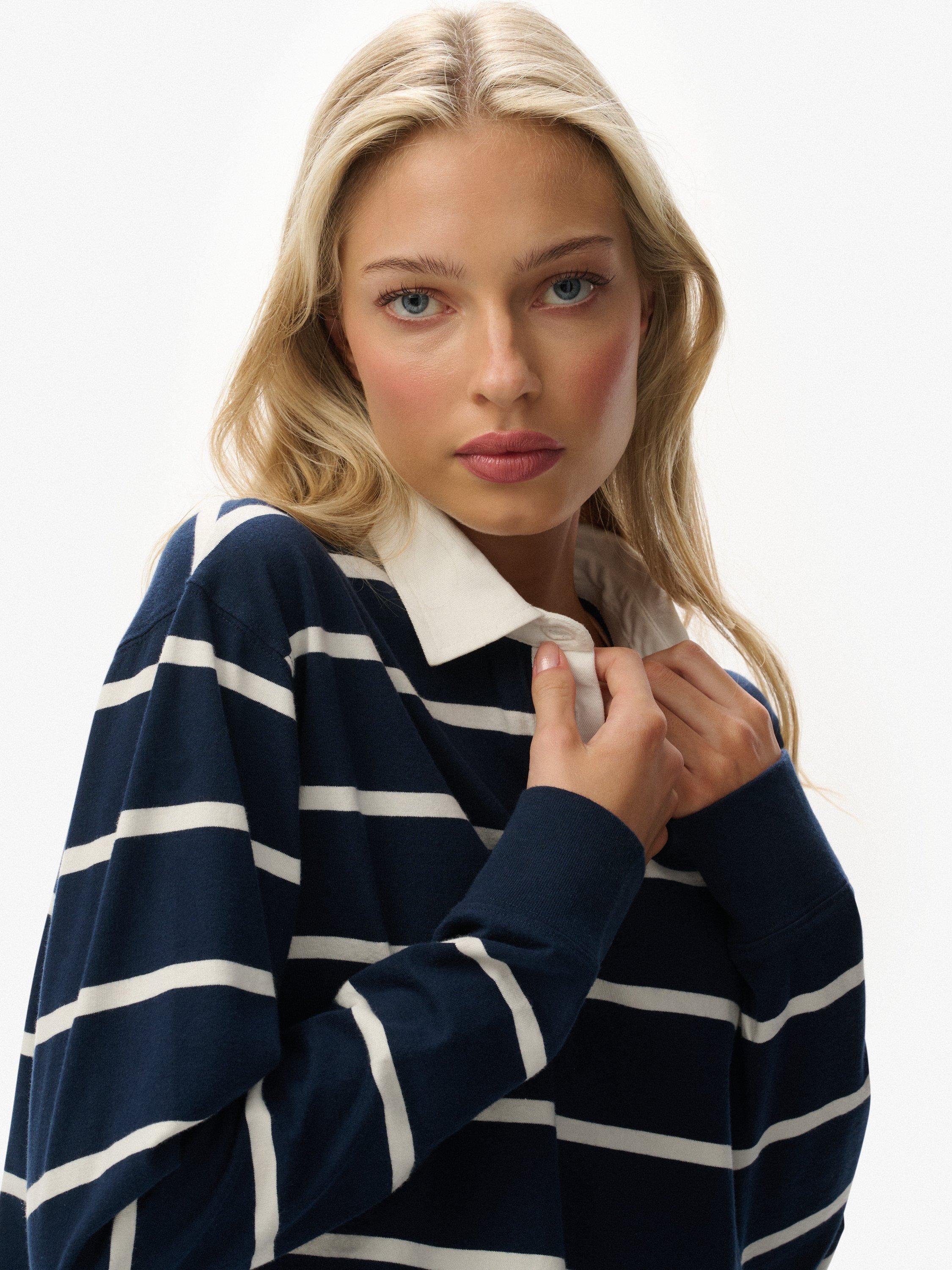 Product image 4 of 5, which shows Superdry Athletic Essentials Cropped Stripe Rugby Top, Navy/Ecru, 6