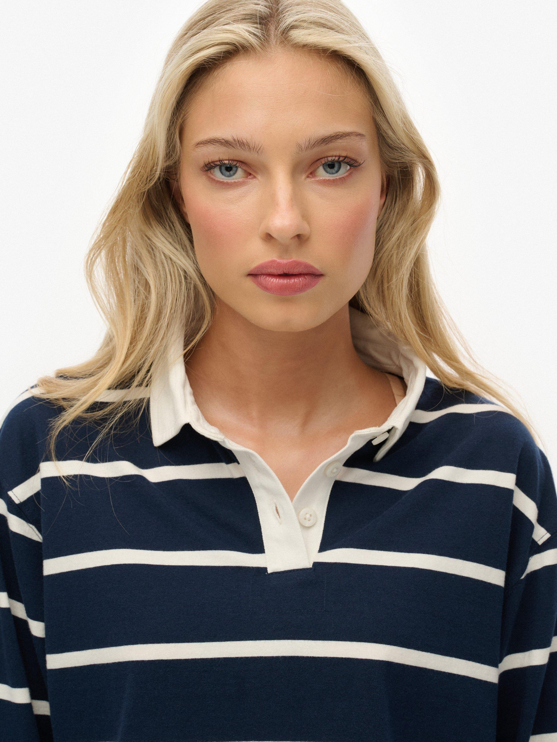 Product image 5 of 5, which shows Superdry Athletic Essentials Cropped Stripe Rugby Top, Navy/Ecru, 6