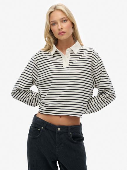 Superdry Athletic Essentials Cropped Stripe Rugby Top, Ecru