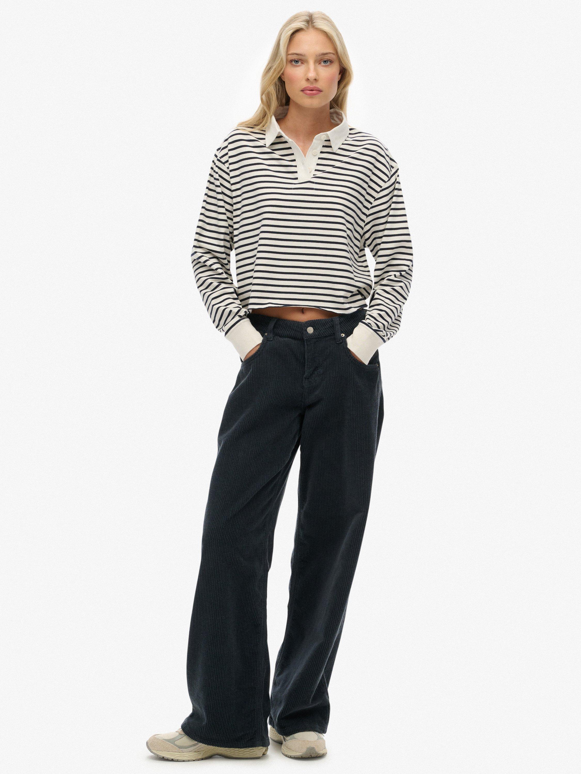 Product image 3 of 5, which shows Superdry Athletic Essentials Cropped Stripe Rugby Top, Ecru, 6