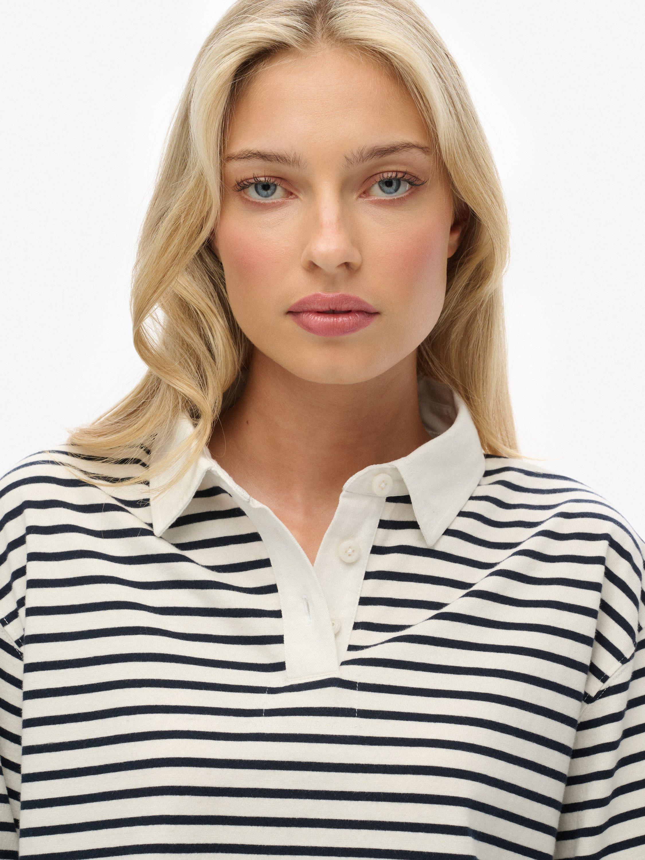 Product image 5 of 5, which shows Superdry Athletic Essentials Cropped Stripe Rugby Top, Ecru, 6