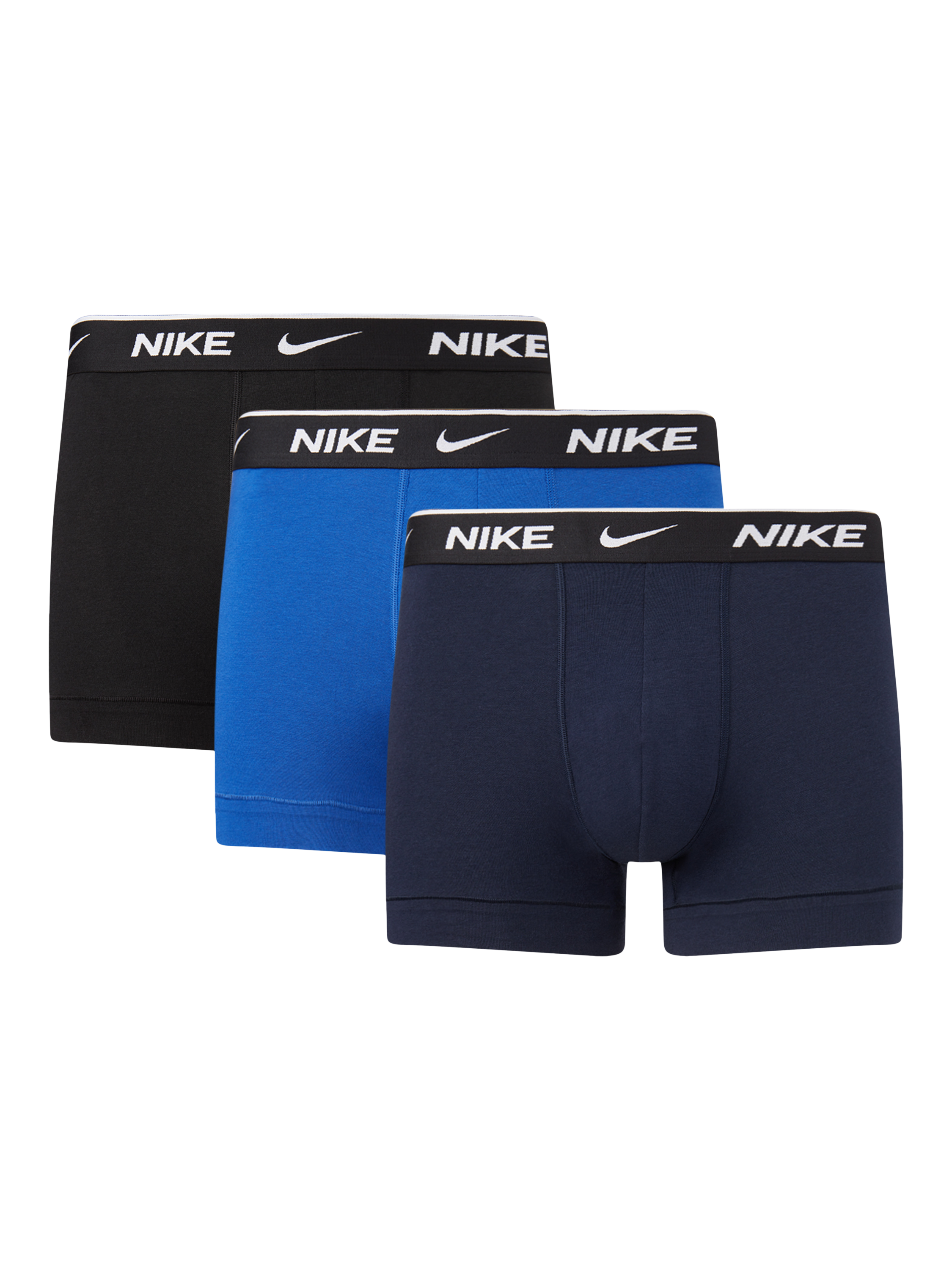 Product image 1 of 1, which shows Nike Essential Stretch Cotton Blend Trunks, Pack of 3, Black/Blue/Navy, S