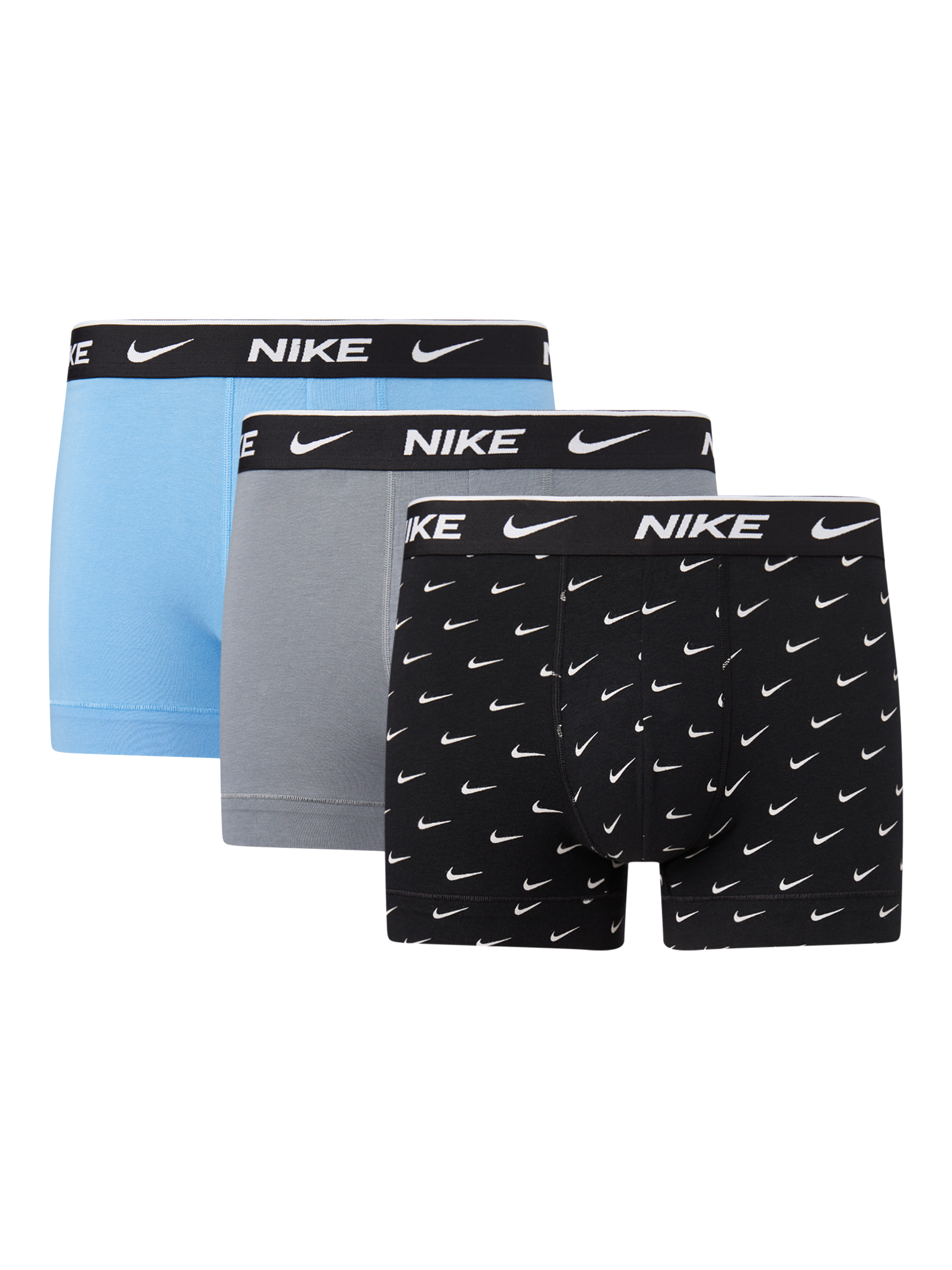 Product image 1 of 2, which shows Nike Cotton Stretch Trunks, Pack of 3, Blue/Grey/Multi, S