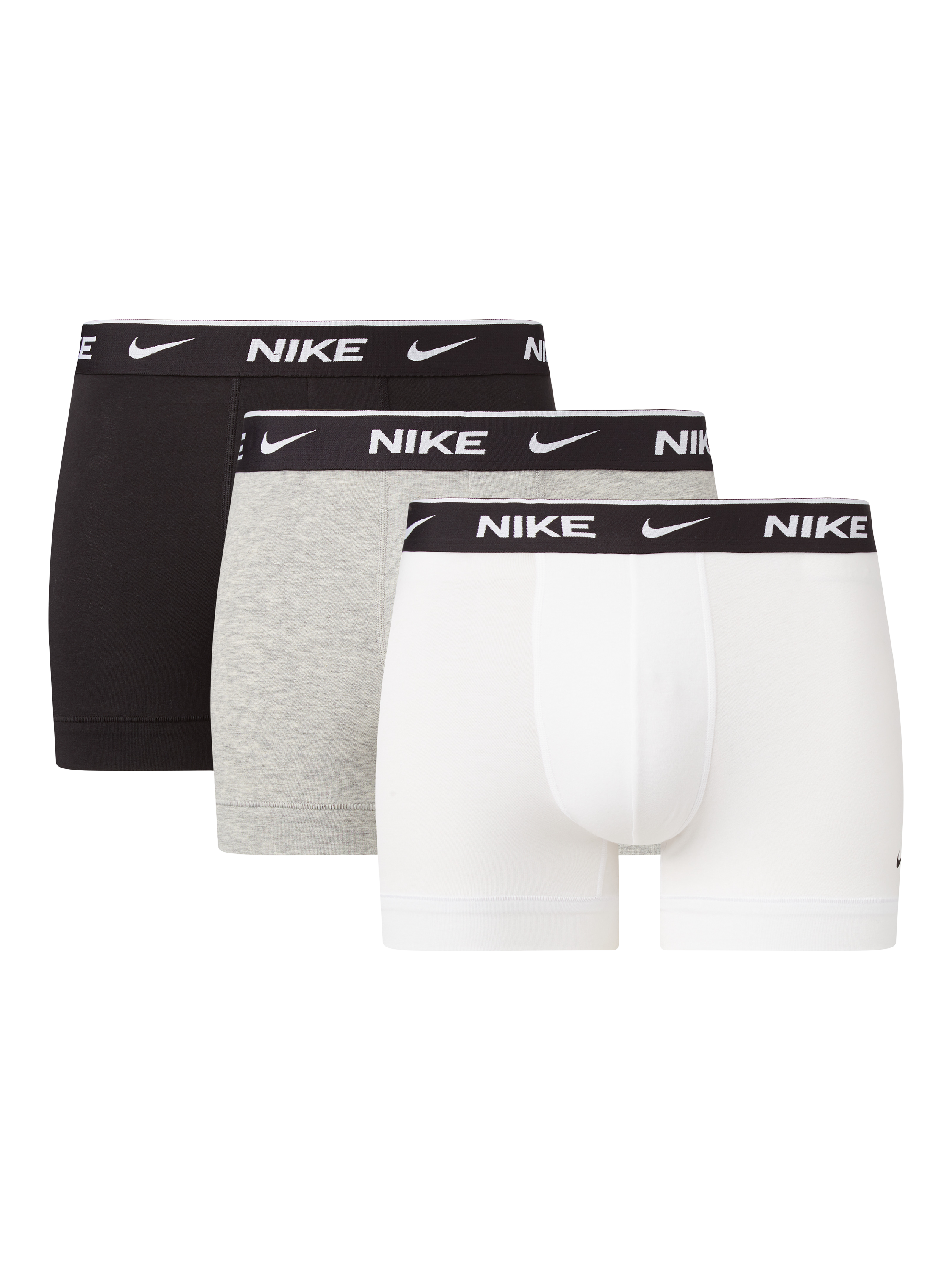 Product image 1 of 1, which shows Nike Cotton Stretch Trunks, Pack of 3, White/Grey/Black, S