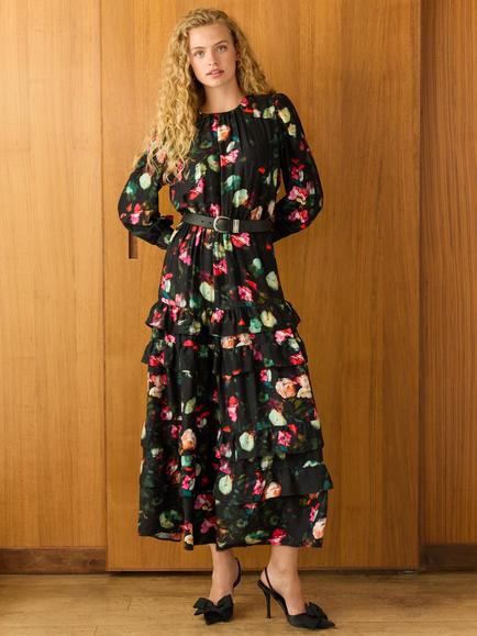 Baukjen Natasha Floral Long Sleeve Round Neck Maxi Dress, Black/Multi