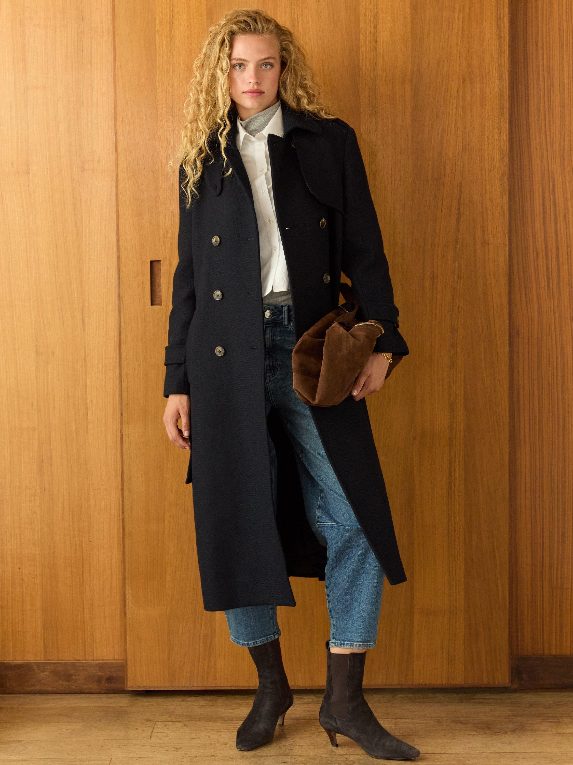 Product image 1 of 7, which shows Baukjen Ingrid Wool Blend Double Breasted Trench Coat, Classic Navy, 10