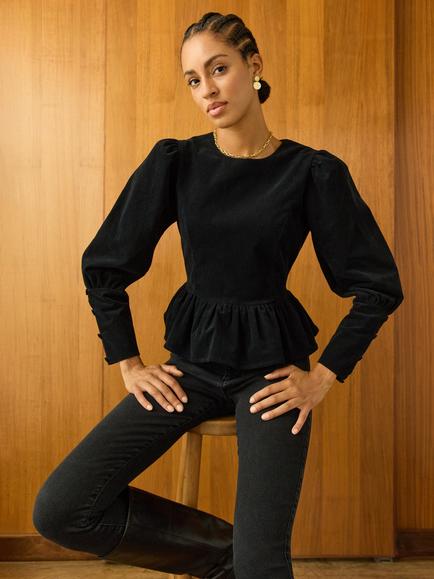 Baukjen Adela Corduroy Peplum Top, Caviar Black, Caviar Black