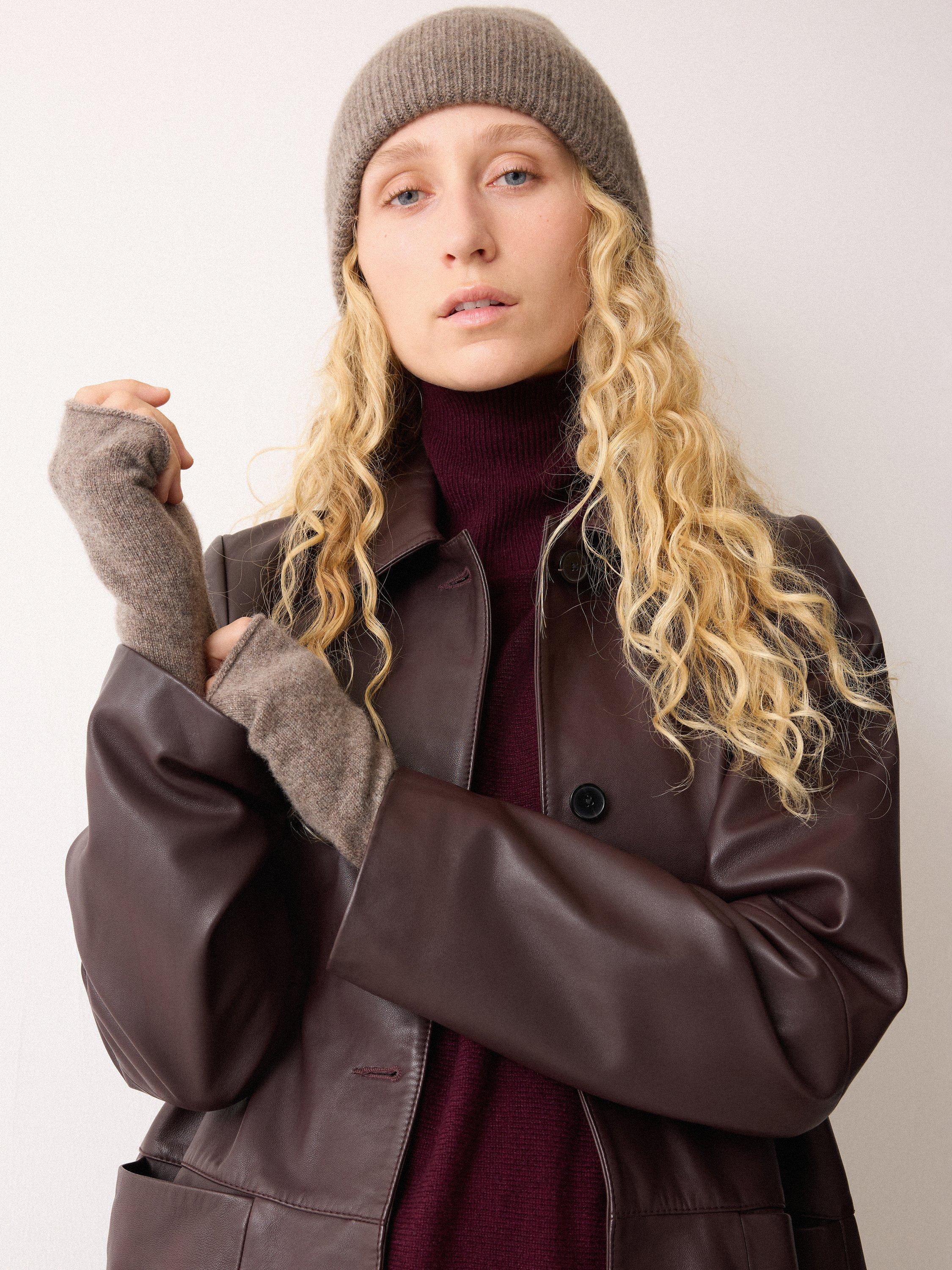 Product image 2 of 4, which shows Jigsaw Pure Cashmere Fingerless Gloves, Taupe, One Size