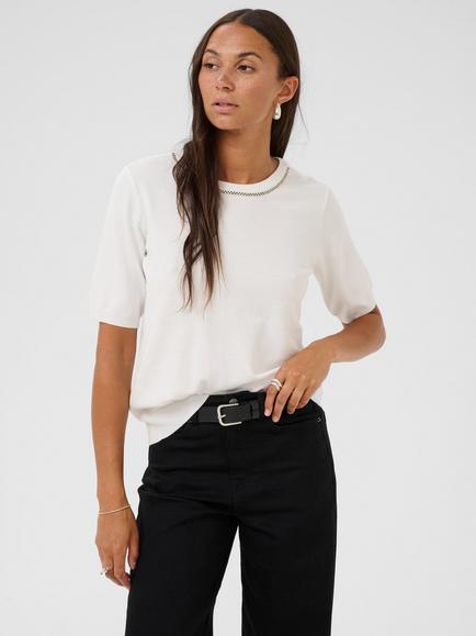 KAFFE Curve Carly Embellished Neck Short Sleeve Jumper, Chalk, Chalk