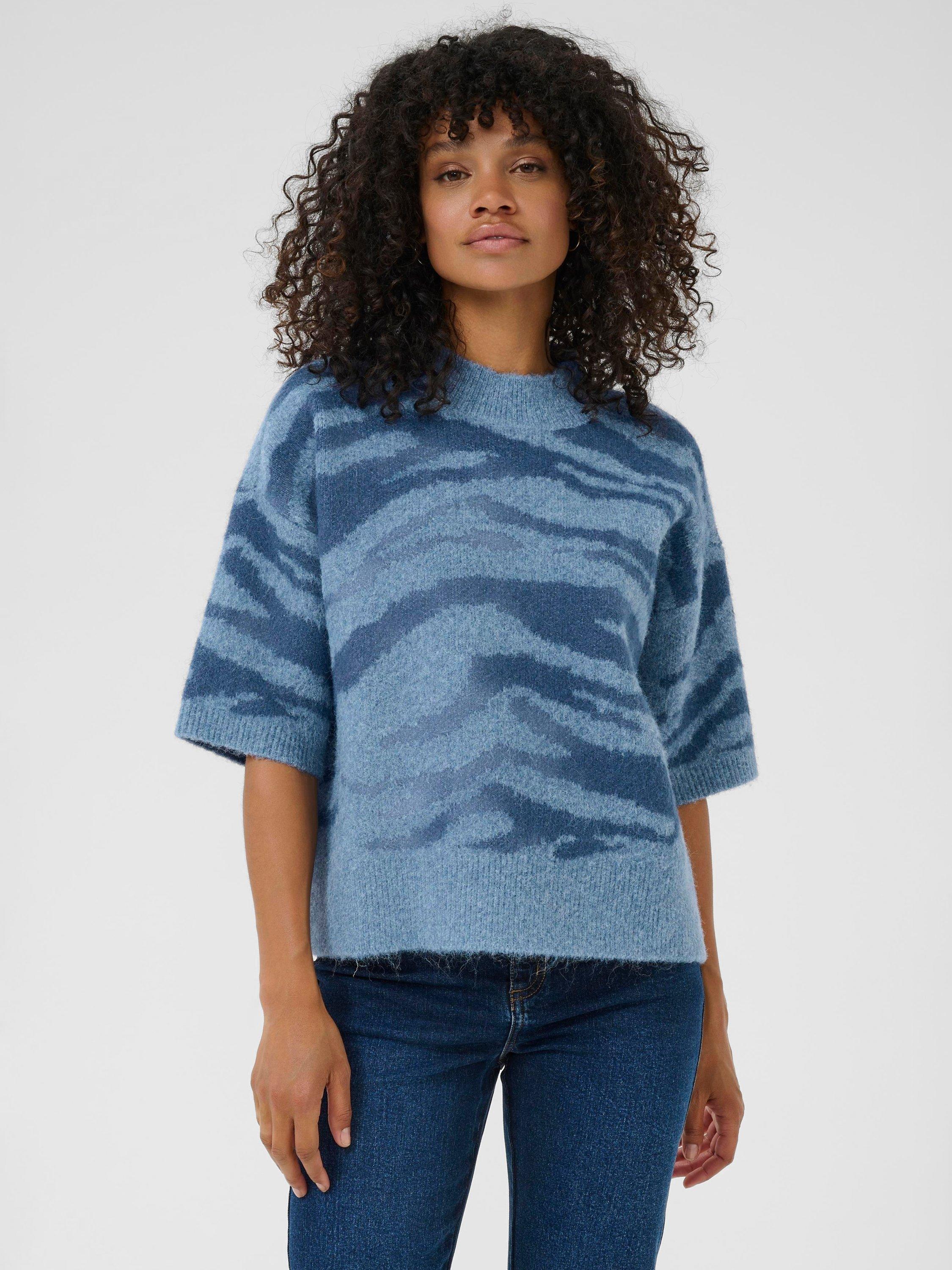 Product image 1 of 6, which shows KAFFE Curve Sandra Animal Print Jumper, Windward Blue/Bering, XS