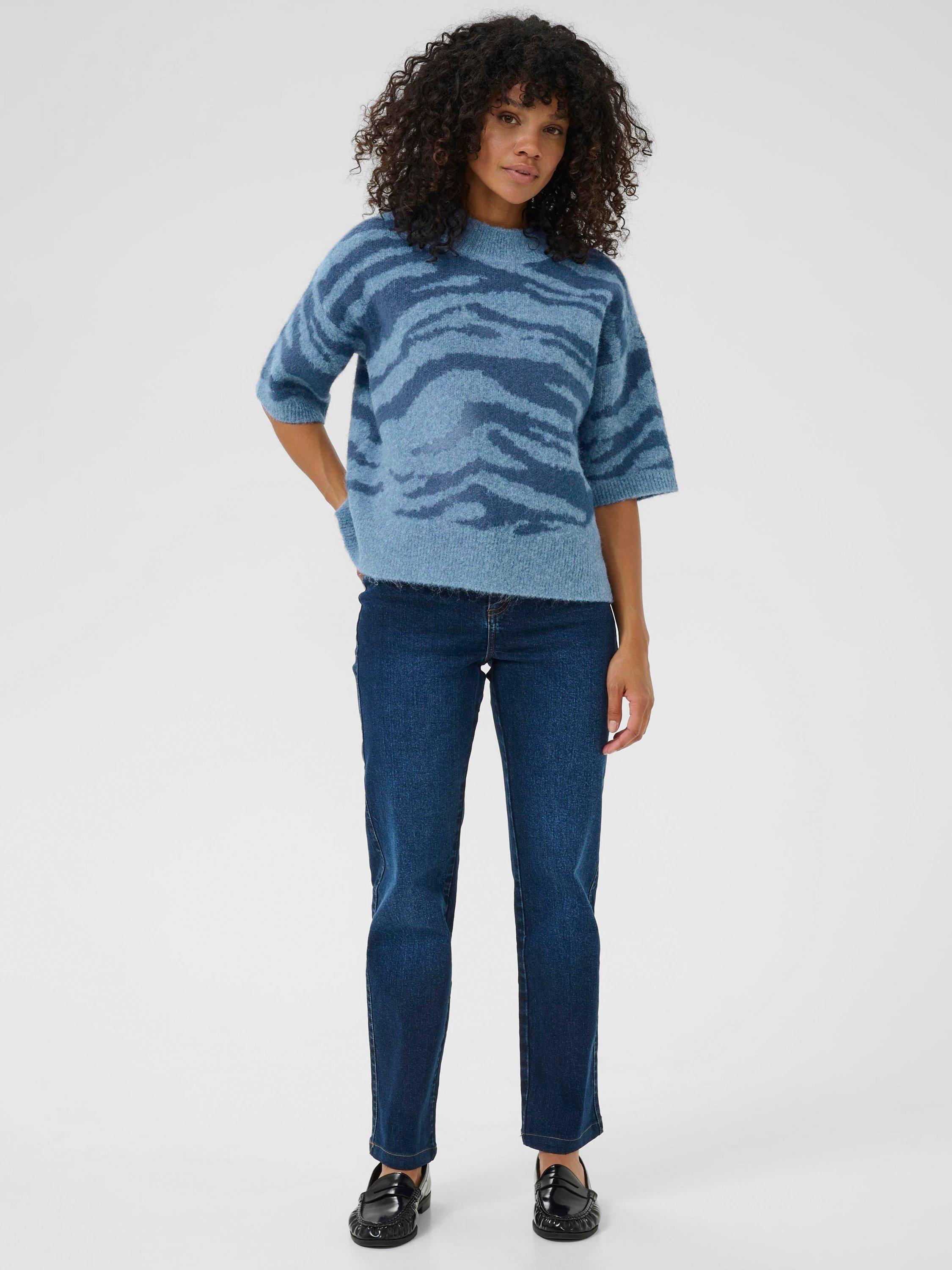Product image 3 of 6, which shows KAFFE Curve Sandra Animal Print Jumper, Windward Blue/Bering, XS