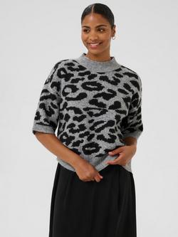 KAFFE Curve Sandra Leopard Print Jumper, Light Grey/Black, Light Grey/Black