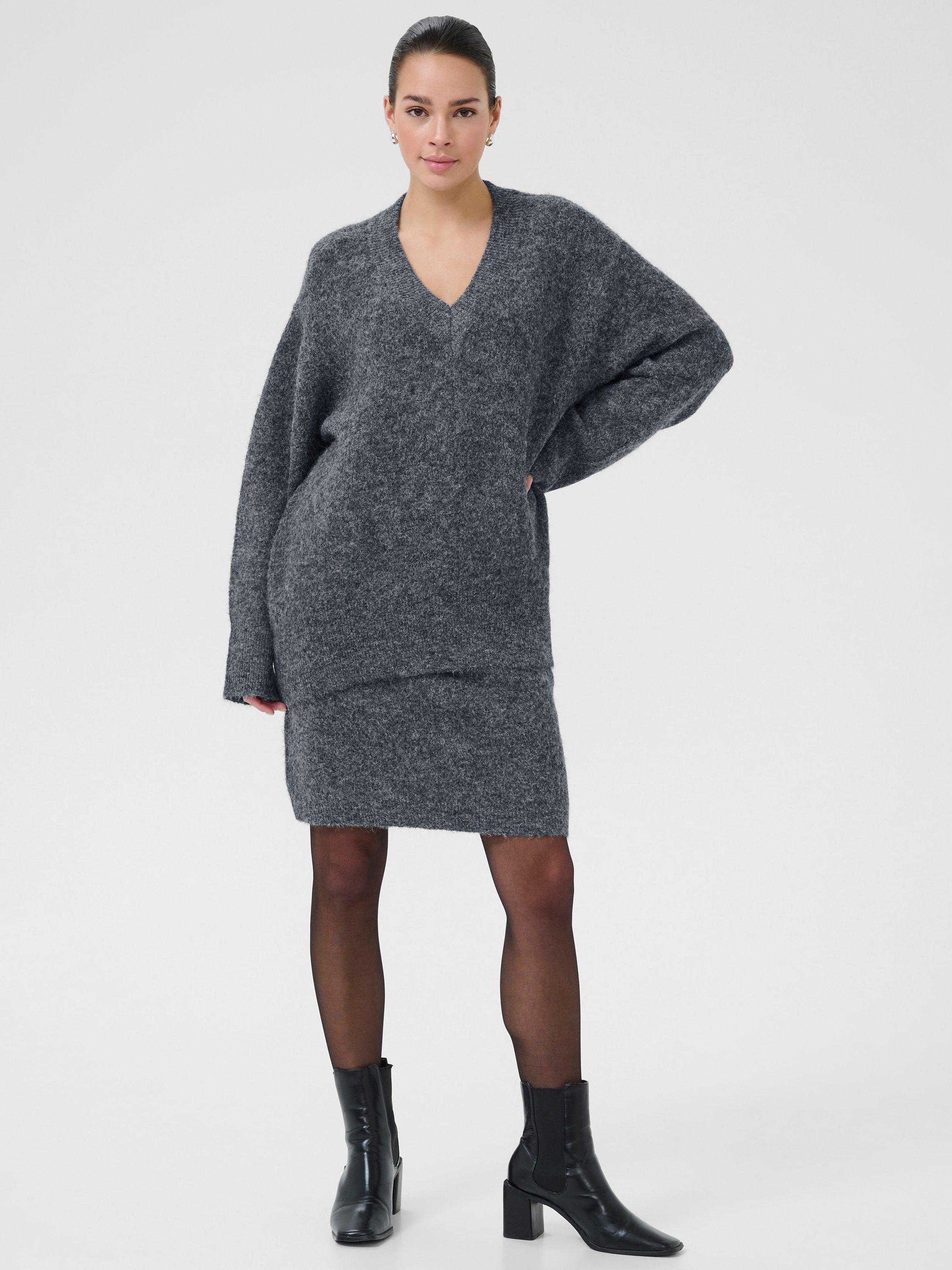 Product image 3 of 6, which shows KAFFE Curve Trudy V-Neck Jumper, Dark Grey Melange, XS