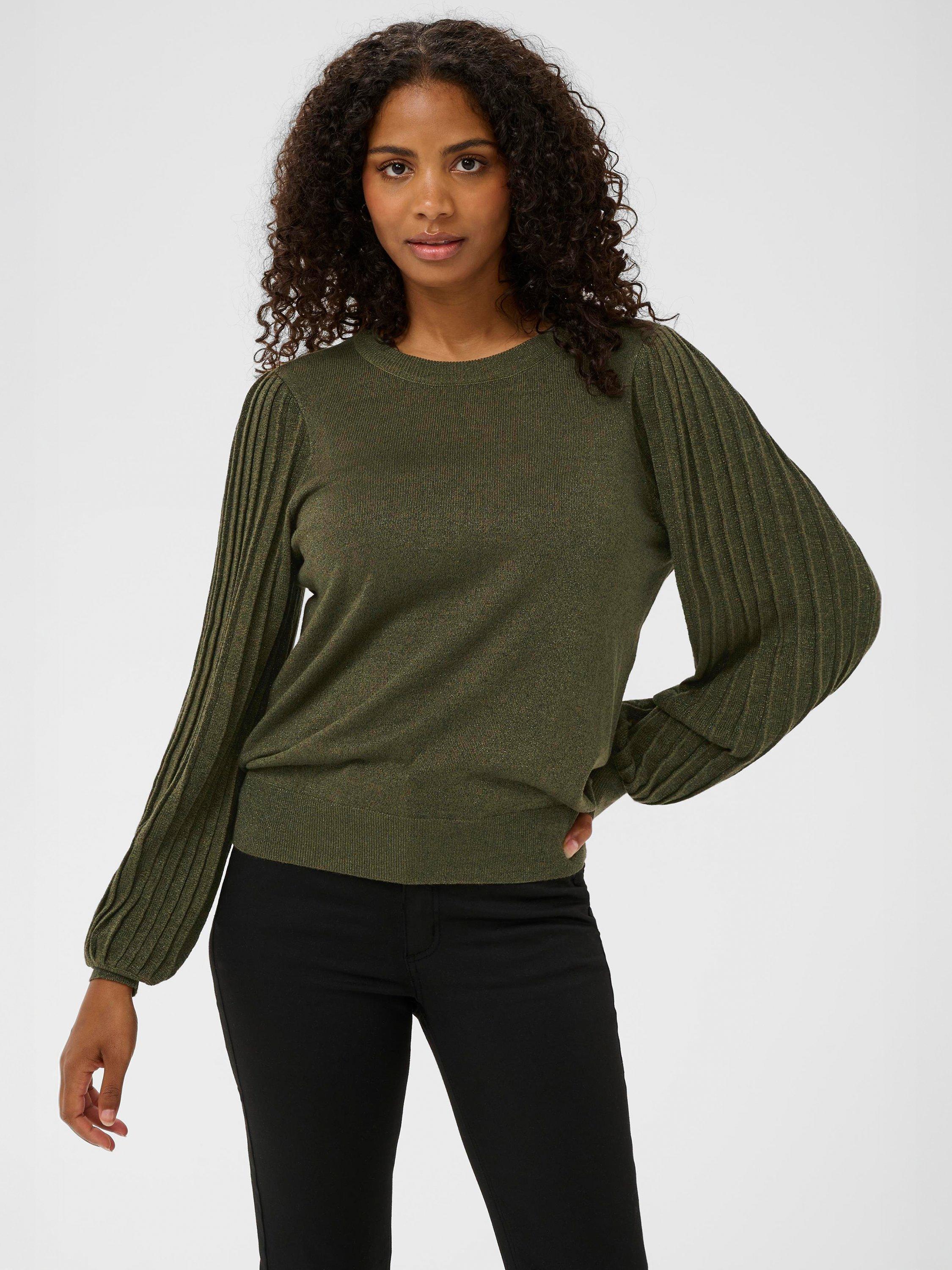 Product image 1 of 6, which shows KAFFE Regina Puff Sleeve Round Neck Jumper, Ivy Green, S