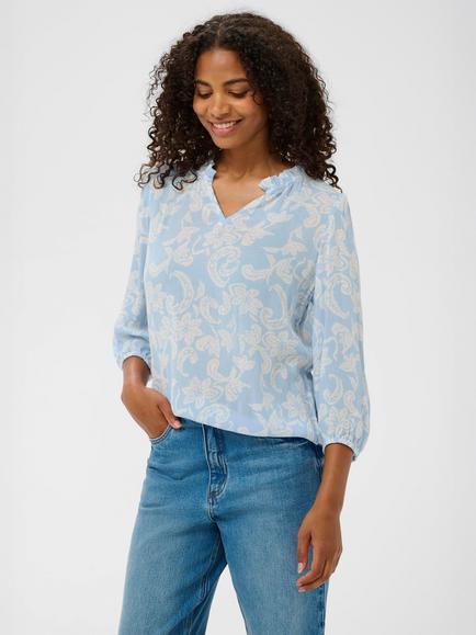 KAFFE Riani Floral Long Sleeve V Neck Blouse, Powder Blue/Chalk Pa
