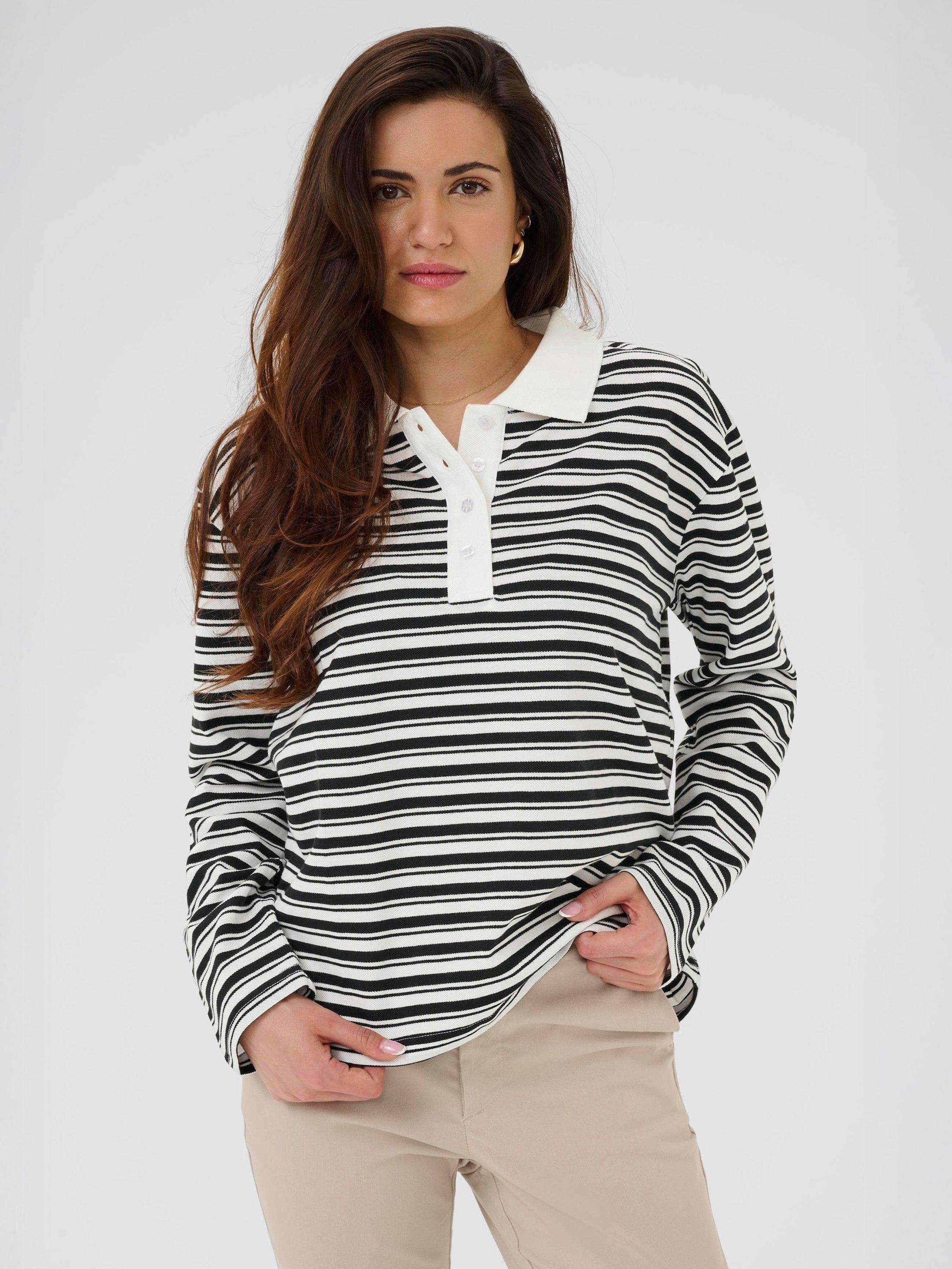 Product image 1 of 6, which shows KAFFE Miala Stripe Polo Shirt, Chalk/Deep Black, XS