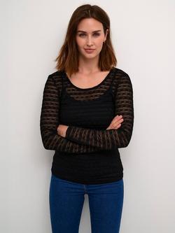 KAFFE Nanna Stripe Long Sleeve Round Neck Lace T-Shirt, Deep Black