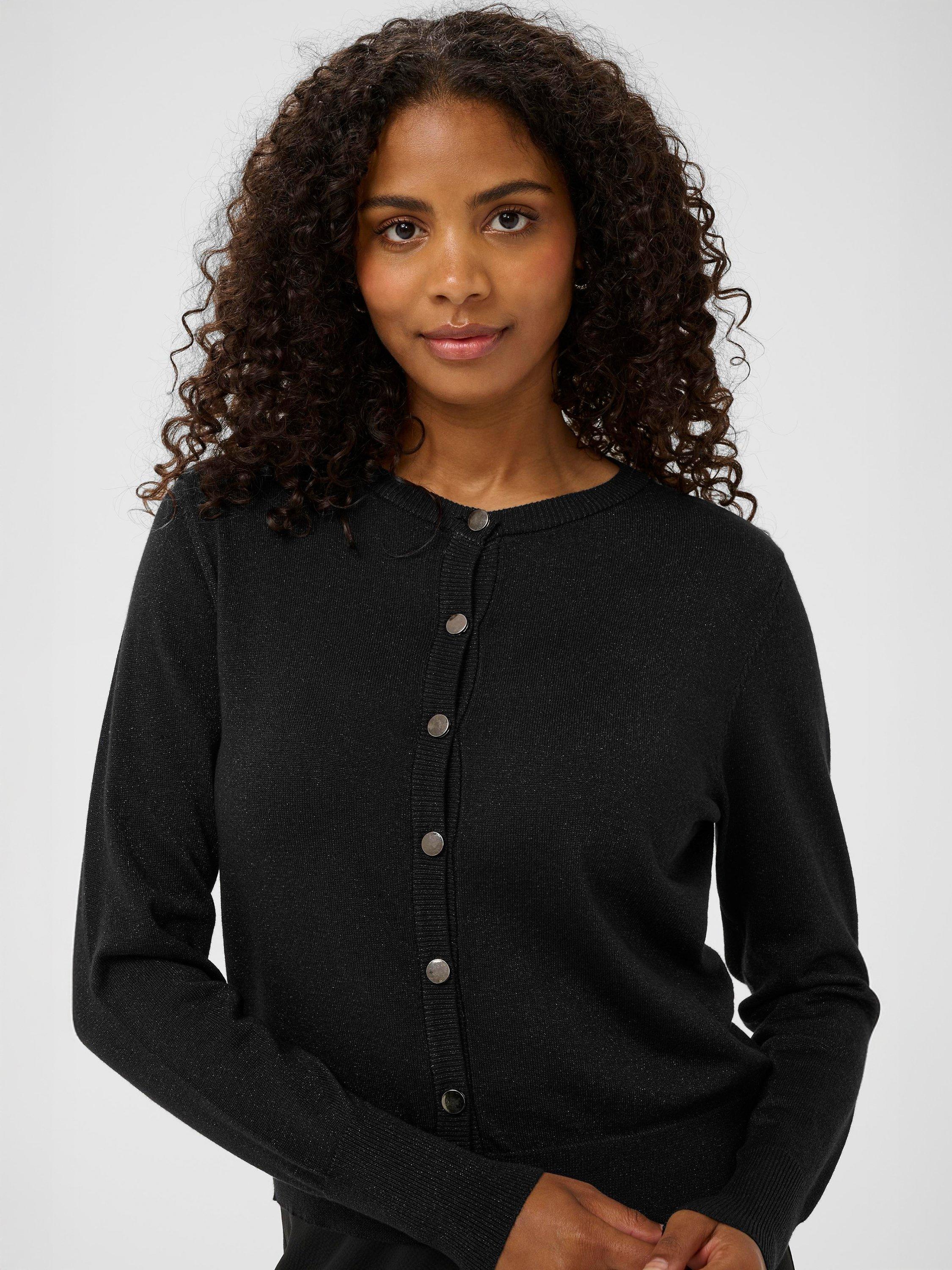 Product image 4 of 6, which shows KAFFE Regina Metallic Crew Neck Cardigan, Deep Black, XS