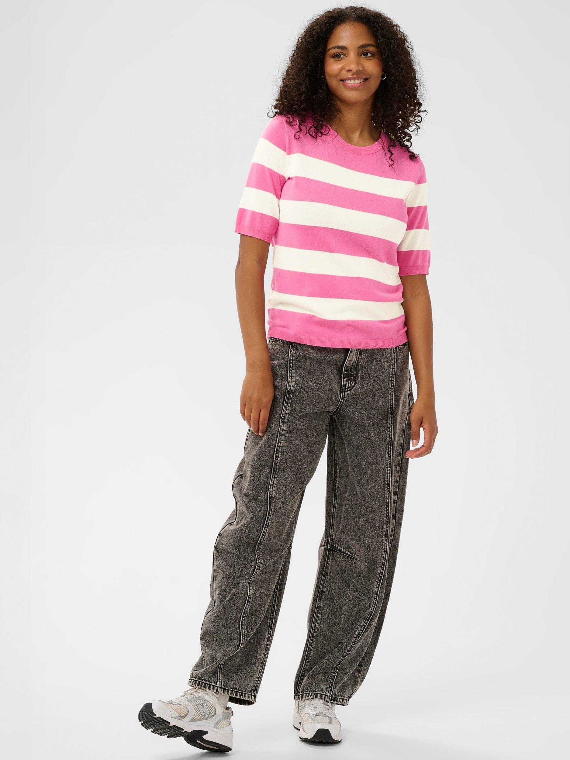 Product image 3 of 6, which shows KAFFE Lizza Stripe Crew Neck Jumper, Pink/White, XS